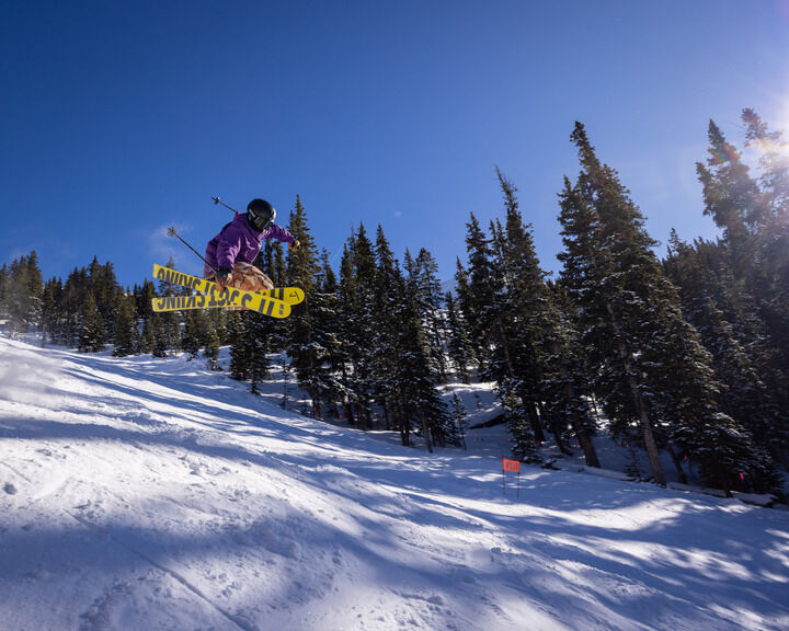 Zach Ryan jumps on his skis while skiing in the Beavers zone, Thursday, Dec. 28, 2023 at Arapahoe Basin Ski Area in Dillon, Colorado. (Lucas Herbert, Arapahoe Basin Ski Area)