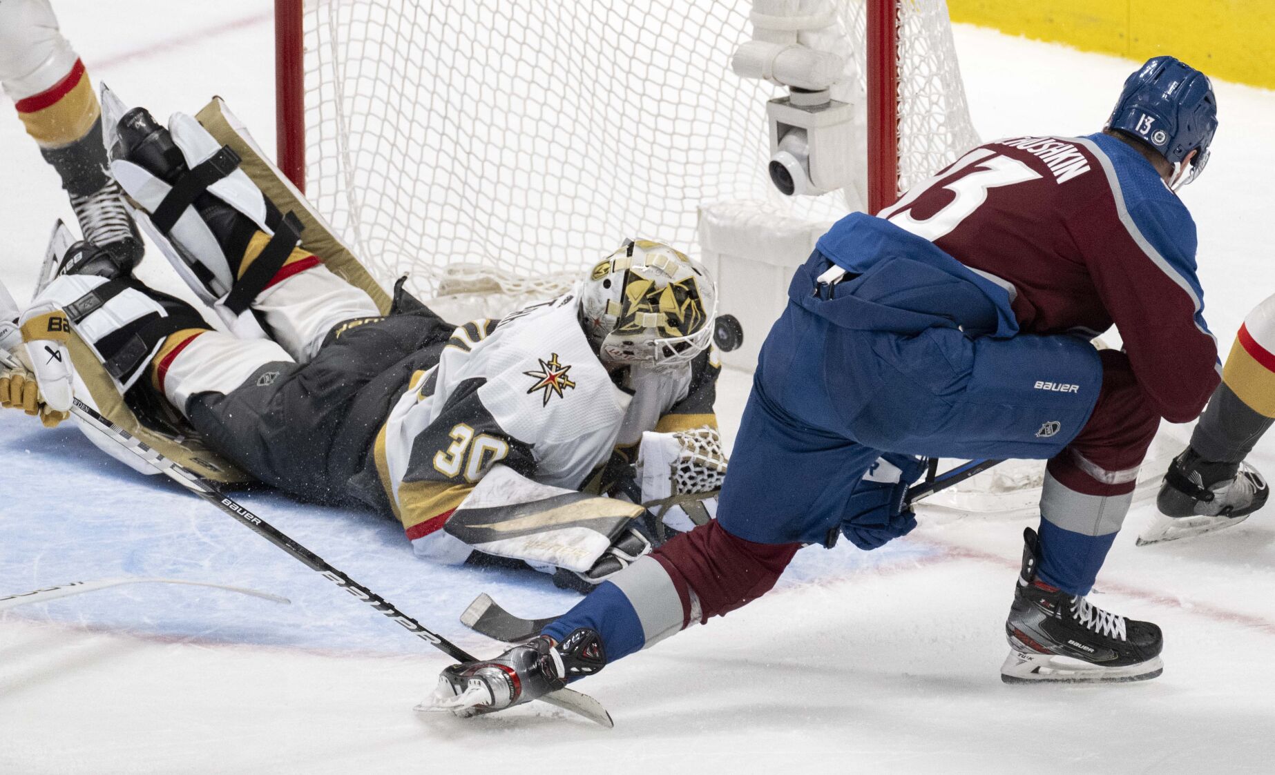 Colorado Avalanche right wing Valeri Nichushkin (13) scores his second goal of the night against Vegas Golden Knights goaltender Jiri Patera (30) during the second period Wednesday, Jan. 10, 2024, at Ball Arena in Denver. (The Gazette, Christian Murdock) (Christian Murdock/The Gazette)