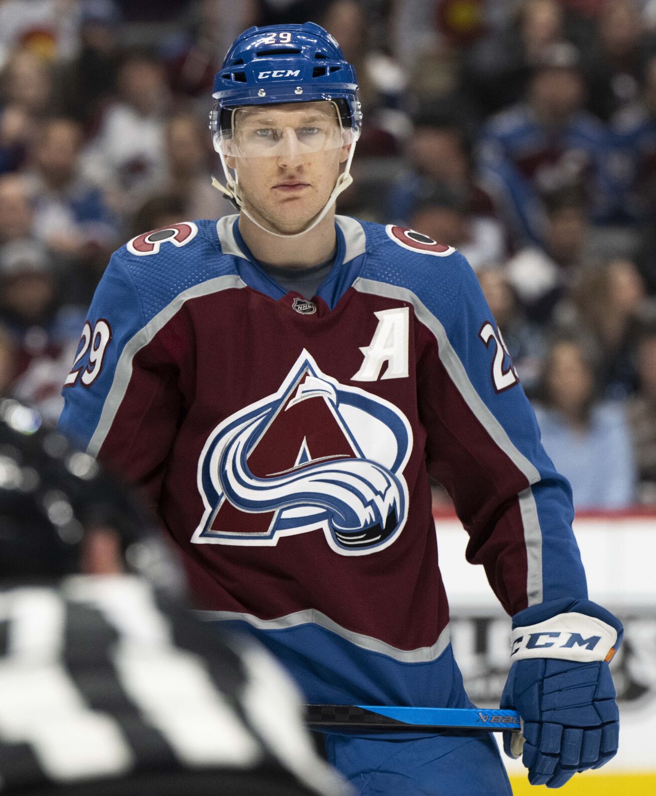 Colorado Avalanche center Nathan MacKinnon (29) prepares for a face off against the Vegas Golden Knights during the first period Wednesday, Jan. 10, 2024, at Ball Arena in Denver. (The Gazette, Christian Murdock) (Christian Murdock/The Gazette)