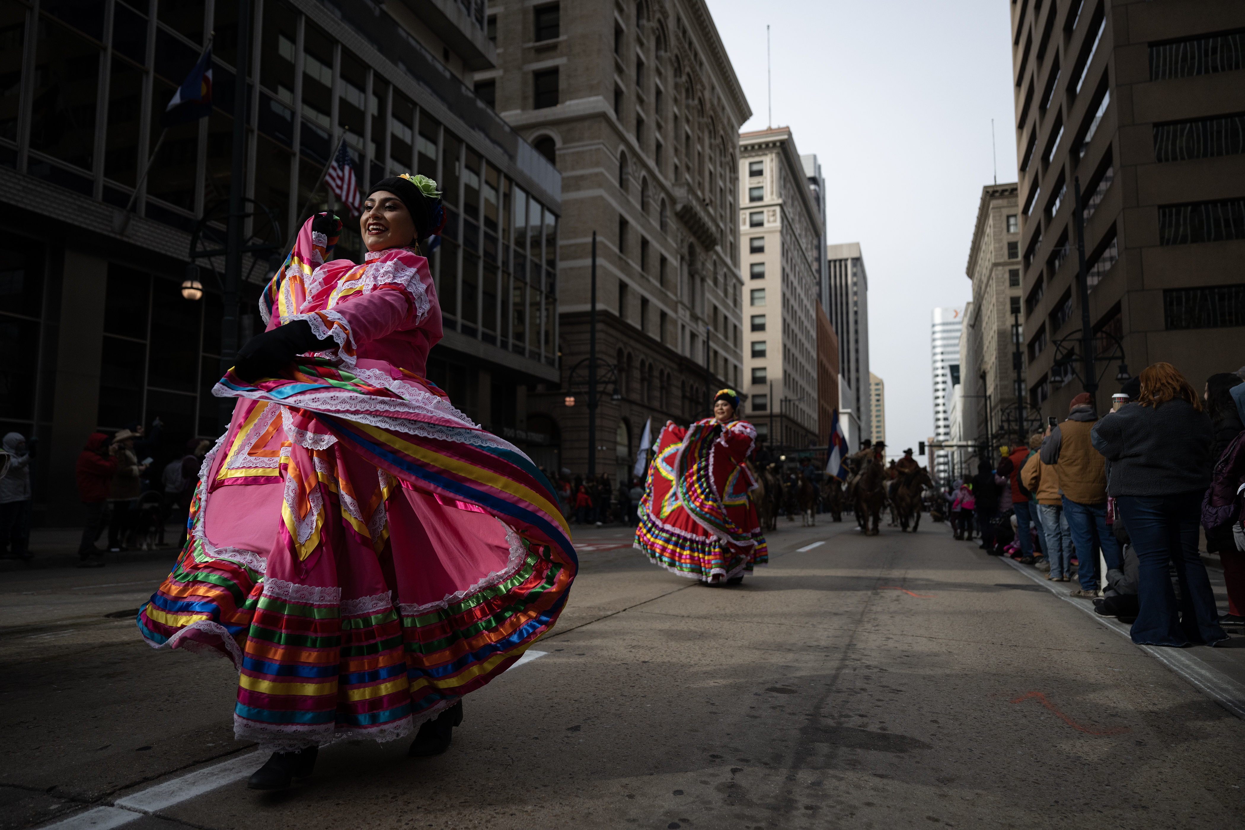 Dancers with Lisa T's Dance Academy, the official dancers of the Mexican Rodeo Extravaganza, makes their way down 17th Street during The National Western Stock Show Kick-off Parade on Thursday, Jan. 4, 2024, in Denver, Colo. (Timothy Hurst/Denver Gazette) (TimHursttim.hurst@gazette.comhttps://secure.gravatar.com/avatar/aca82bd62b4ee425c598527cd6faa1b1?d=mm&r=g)