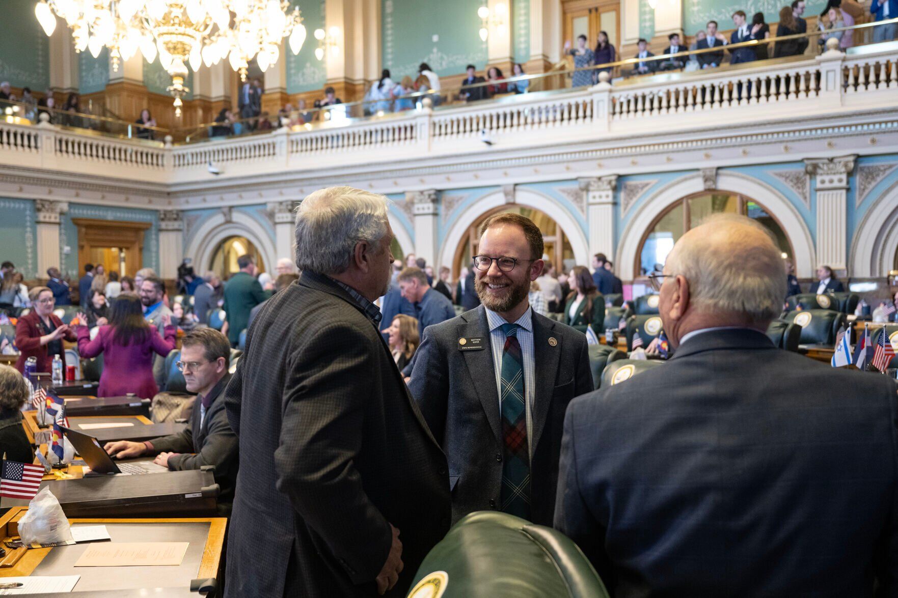 Rep. Matt Soper visits with other lawmakers before convening for the first day of Colorado's 2024 legislative session at the Colorado State Capitol building on Wednesday, Jan. 10, 2024, in Denver, Colo.(Timothy Hurst/Denver Gazette) (TimHursttim.hurst@gazette.comhttps://secure.gravatar.com/avatar/aca82bd62b4ee425c598527cd6faa1b1?d=mm&r=g)