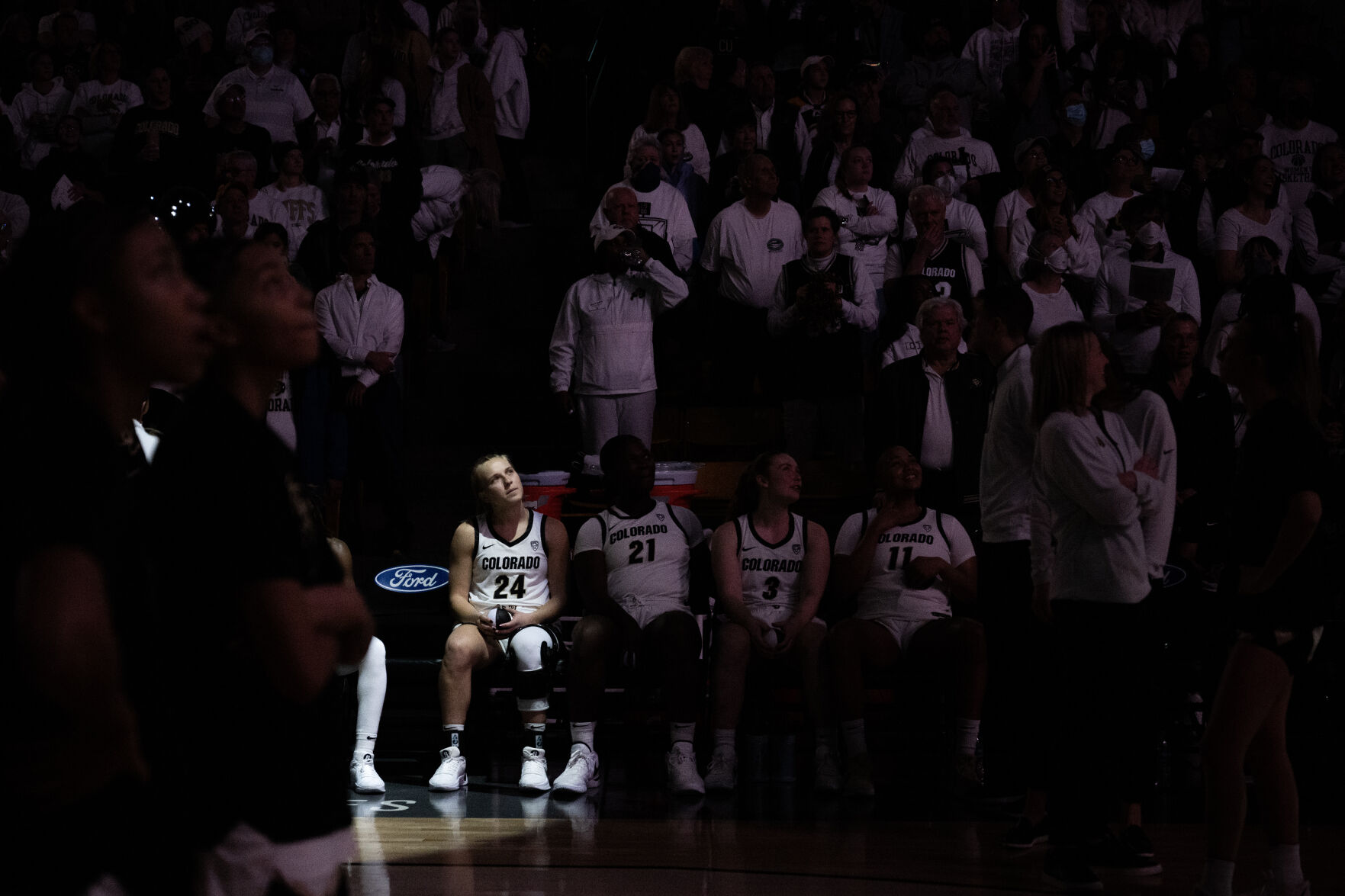 Colorado Buffaloes guard Maddie Nolan (24) looks on during player introductions before a game against the UCLA Bruins on Friday, Jan. 19, 2024, at the CU Event Center in Boulder, Colo.(Timothy Hurst/Denver Gazette) (TimHursttim.hurst@gazette.comhttps://secure.gravatar.com/avatar/aca82bd62b4ee425c598527cd6faa1b1?d=mm&r=g)