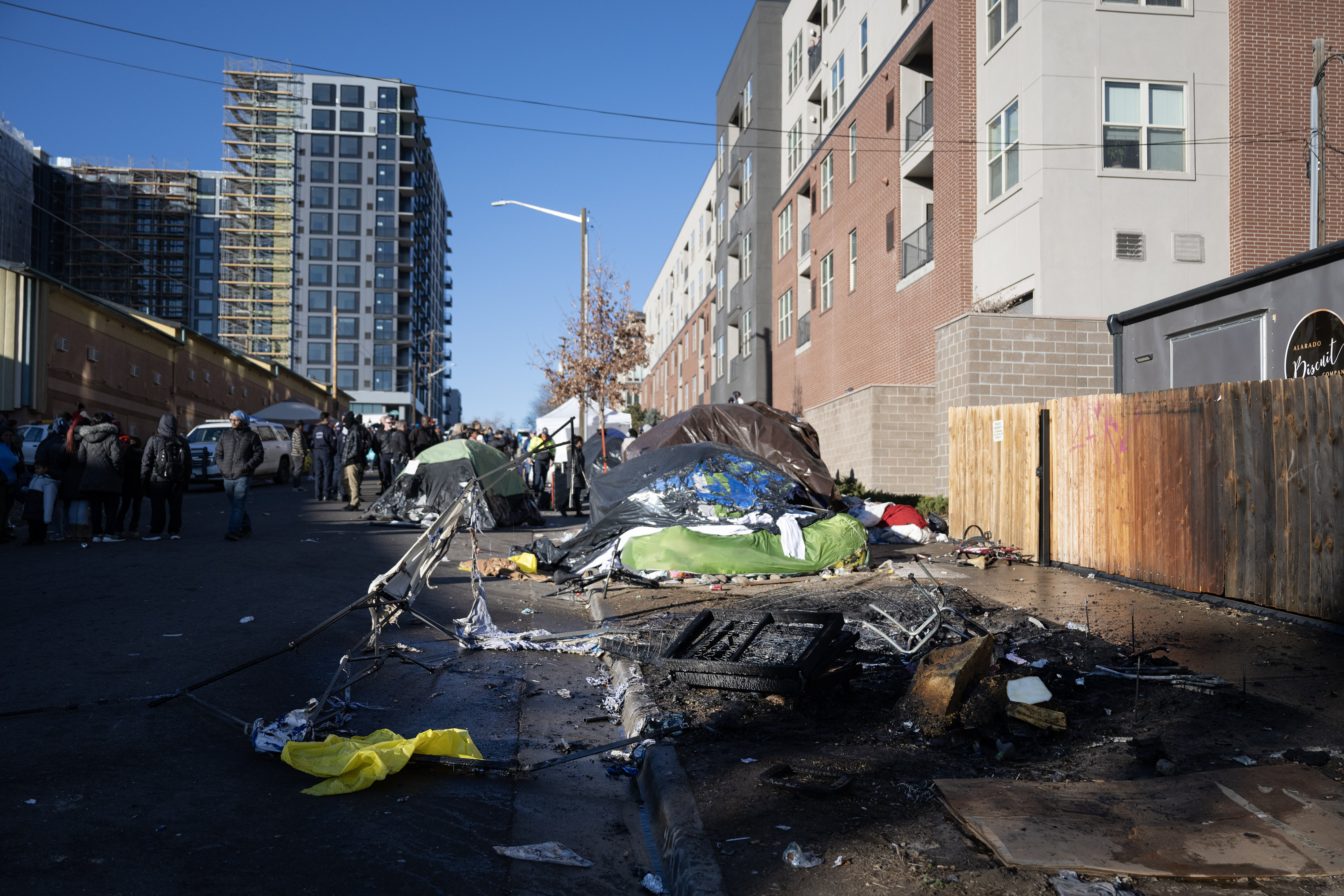 The aftermath of a small fire that broke out is seen as on West 27th Avenue, between Zuni and Alcott Streets, during an encampment sweep on Wednesday, Jan. 3, 2024, in Denver, Colo. (Timothy Hurst/Denver Gazette) (TimHursttim.hurst@gazette.comhttps://secure.gravatar.com/avatar/aca82bd62b4ee425c598527cd6faa1b1?d=mm&r=g)