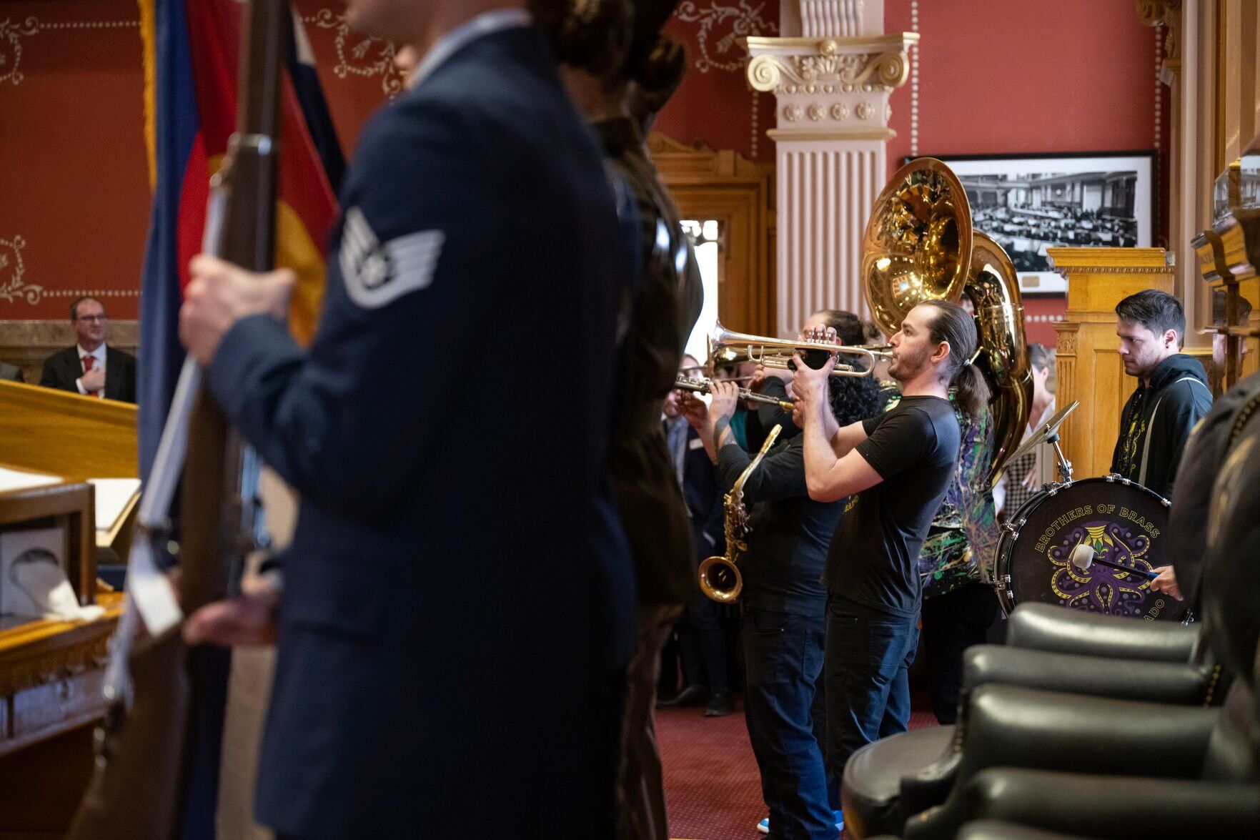 The Brothers of Brass band play the Star Spangled Banner in the Senate chambers during the first day of Colorado's 2024 legislative session at the Colorado State Capitol building on Wednesday, Jan. 10, 2024, in Denver, Colo.(Timothy Hurst/Denver Gazette) (TimHursttim.hurst@gazette.comhttps://secure.gravatar.com/avatar/aca82bd62b4ee425c598527cd6faa1b1?d=mm&r=g)