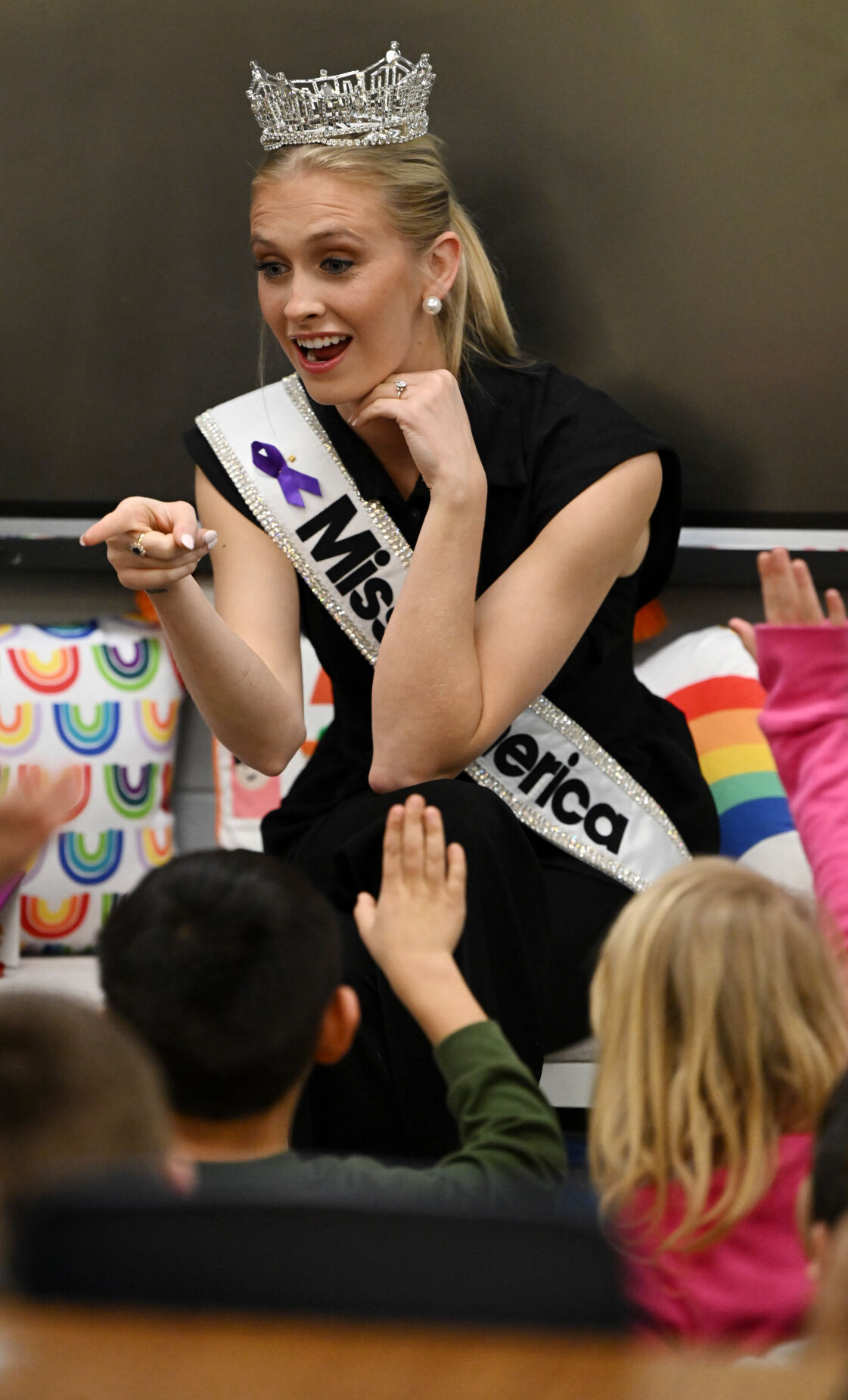 Miss America Madison Marsh answers questions from first graders at Jackson Elementary School on Wednesday, Jan. 24, 2024. (Photo by Jerilee Bennett, The Gazette)