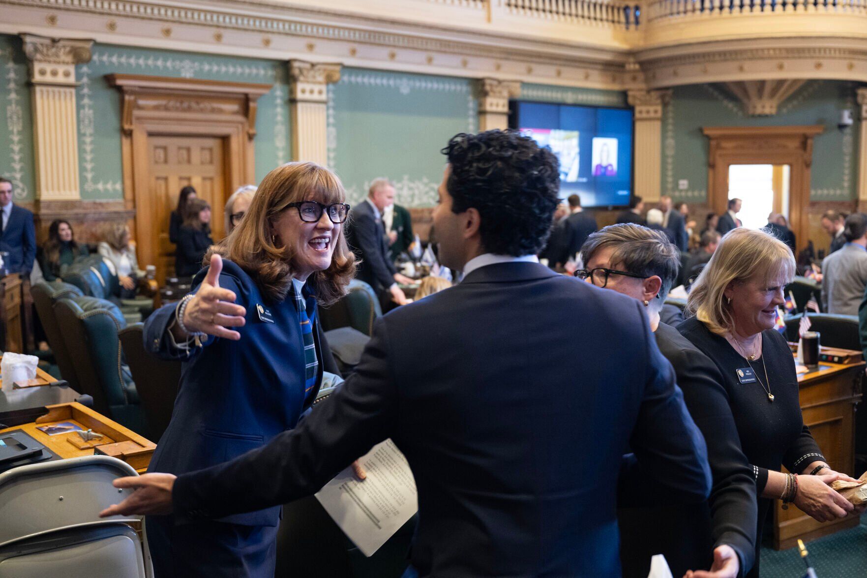 Speaker of the House Rep. Julie McCluskie, left, greets Rep. Manny Rutinel before convening for the first day of Colorado's 2024 legislative session at the Colorado State Capitol building on Wednesday, Jan. 10, 2024, in Denver, Colo.(Timothy Hurst/Denver Gazette) (TimHursttim.hurst@gazette.comhttps://secure.gravatar.com/avatar/aca82bd62b4ee425c598527cd6faa1b1?d=mm&r=g)