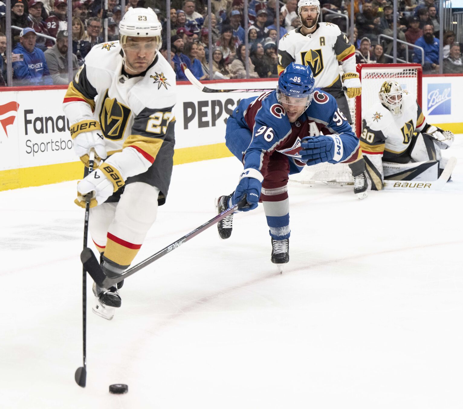 Colorado Avalanche right wing Mikko Rantanen (96) defends against Vegas Golden Knights defenseman Alec Martinez (23) during the first period Wednesday, Jan. 10, 2024, at Ball Arena in Denver. (The Gazette, Christian Murdock) (Christian Murdock/The Gazette)