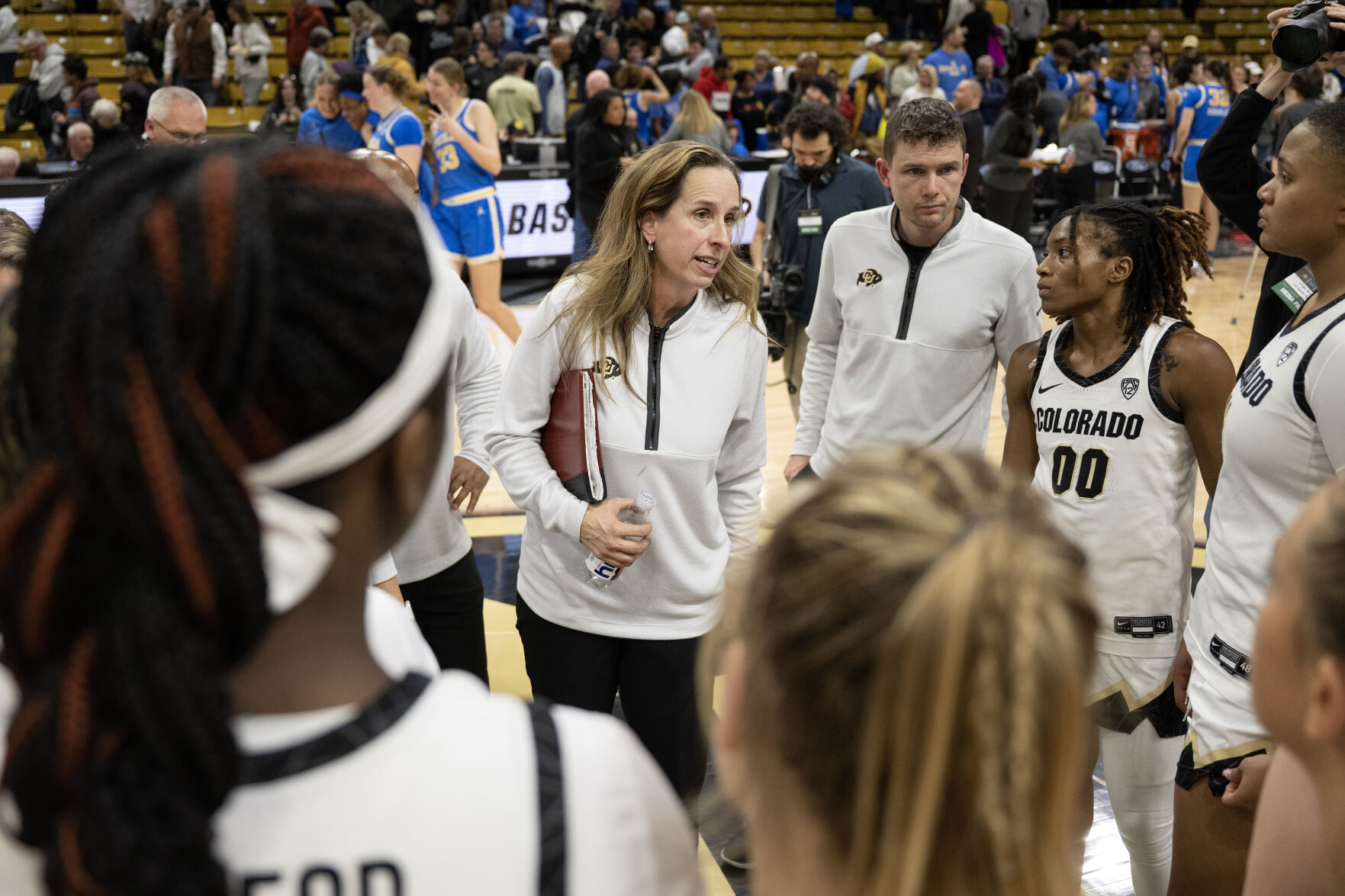 Colorado Buffaloes head coach JR Payne talks to the team after a loss to the UCLA Bruins on Friday, Jan. 19, 2024, at the CU Event Center in Boulder, Colo.(Timothy Hurst/Denver Gazette) (TimHursttim.hurst@gazette.comhttps://secure.gravatar.com/avatar/aca82bd62b4ee425c598527cd6faa1b1?d=mm&r=g)