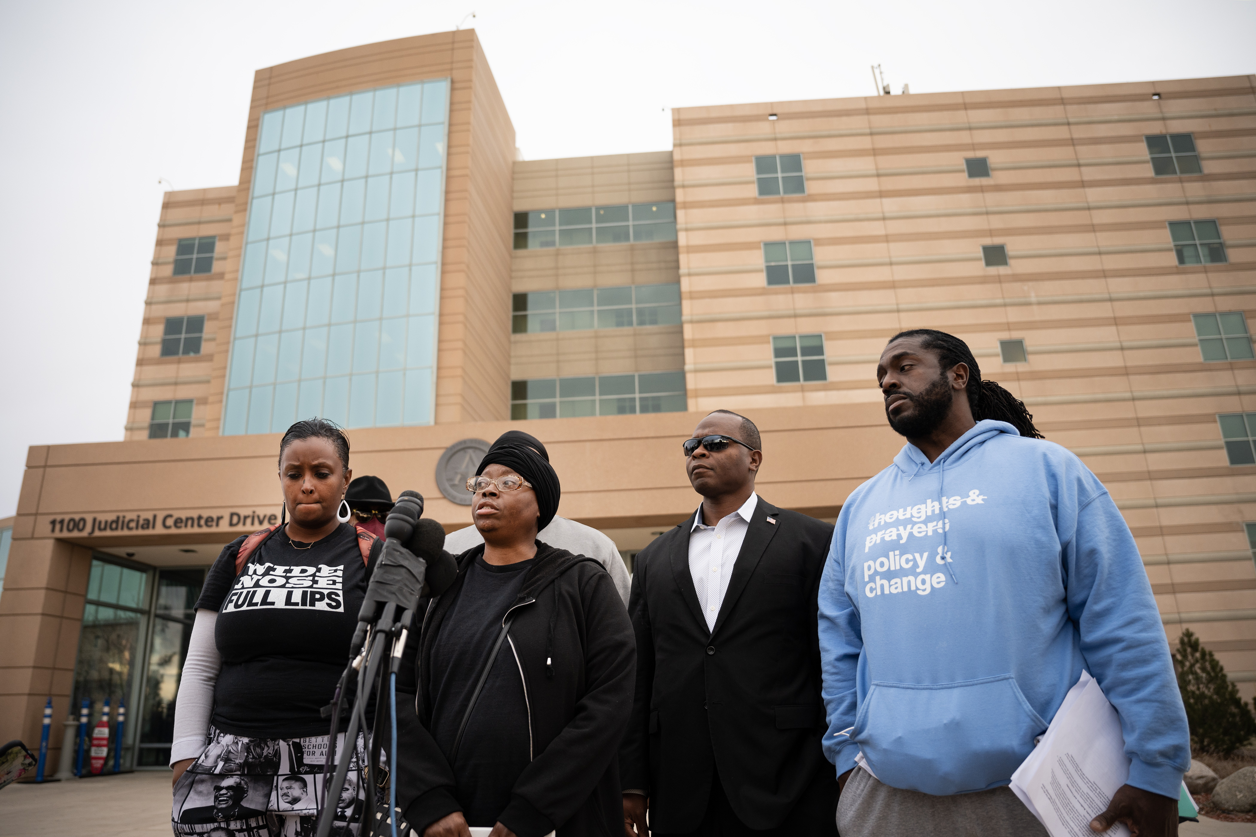 Sheneen McClain, second-from-left, the mother of Elijah McClain, speaks to media after leaving the courthouse following the sentencing of former Aurora police Officer Randy Roedema for his role in the 2019 killing of McClain’s son, on Friday, Jan. 5, 2024, at the Adams County Court in in Brighton, Colo. (Timothy Hurst/Denver Gazette) (Timothy Hurst/Denver Gazette)