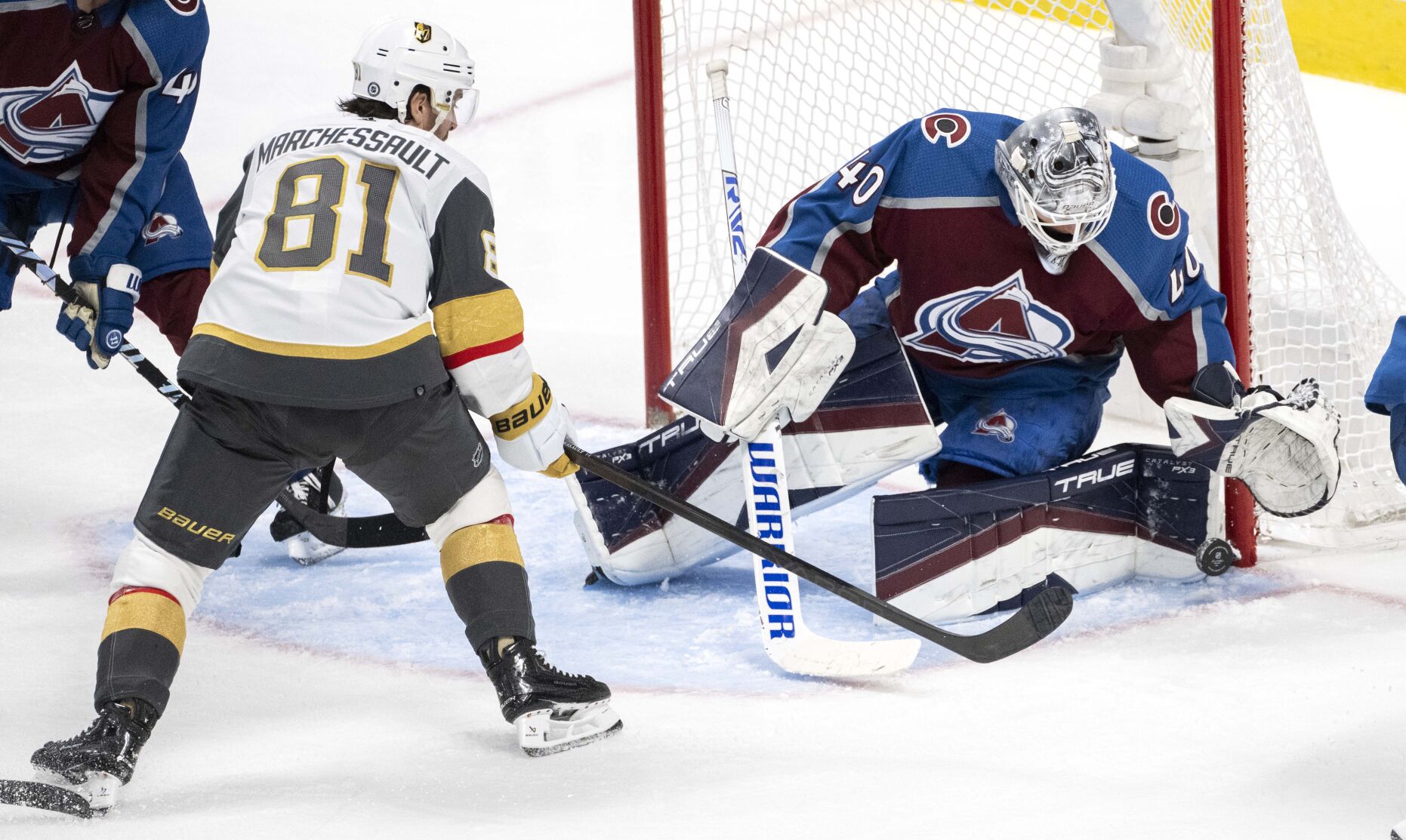 Colorado Avalanche goaltender Alexandar Georgiev (40) makes a save as Vegas Golden Knights right wing Jonathan Marchessault (81) looks for a rebound during the third period Wednesday, Jan. 10, 2024, at Ball Arena in Denver. Georgiev shut out the Golden Knights 3-0. (The Gazette, Christian Murdock) (Christian Murdock/The Gazette)