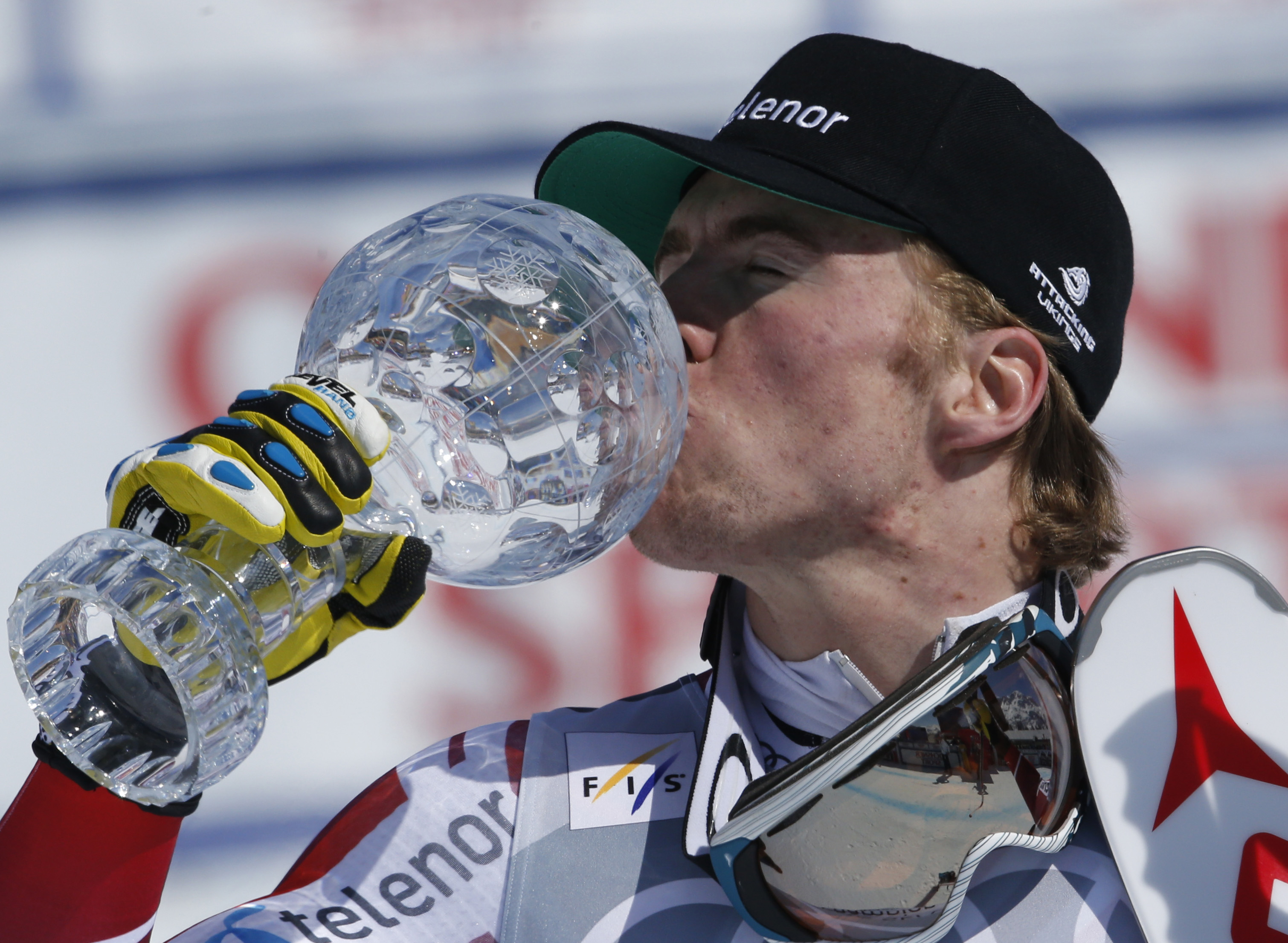 Norway's Alexsander Aamodt Kilde celebrates at finish line after winning the men's super G cup at the Alpine Ski World Cup Finals, in St. Moritz, Switzerland, Thursday, March 17, 2016. (AP Photo/Giovanni Auletta) (Giovanni Auletta)