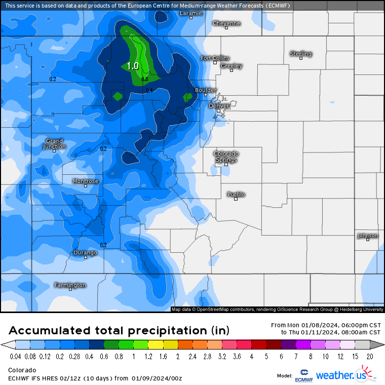 A Weather.us forecast model shows the potential accumulation levels of water-equivalent precipitation as of 8 a.m. Thursday, Jan. 11 for Colorado. Depending on the density of the snow, one inch of water is equivalent to 10 inches of snow based on a common rule of thumb ratio of 10:1. (Weather.us)