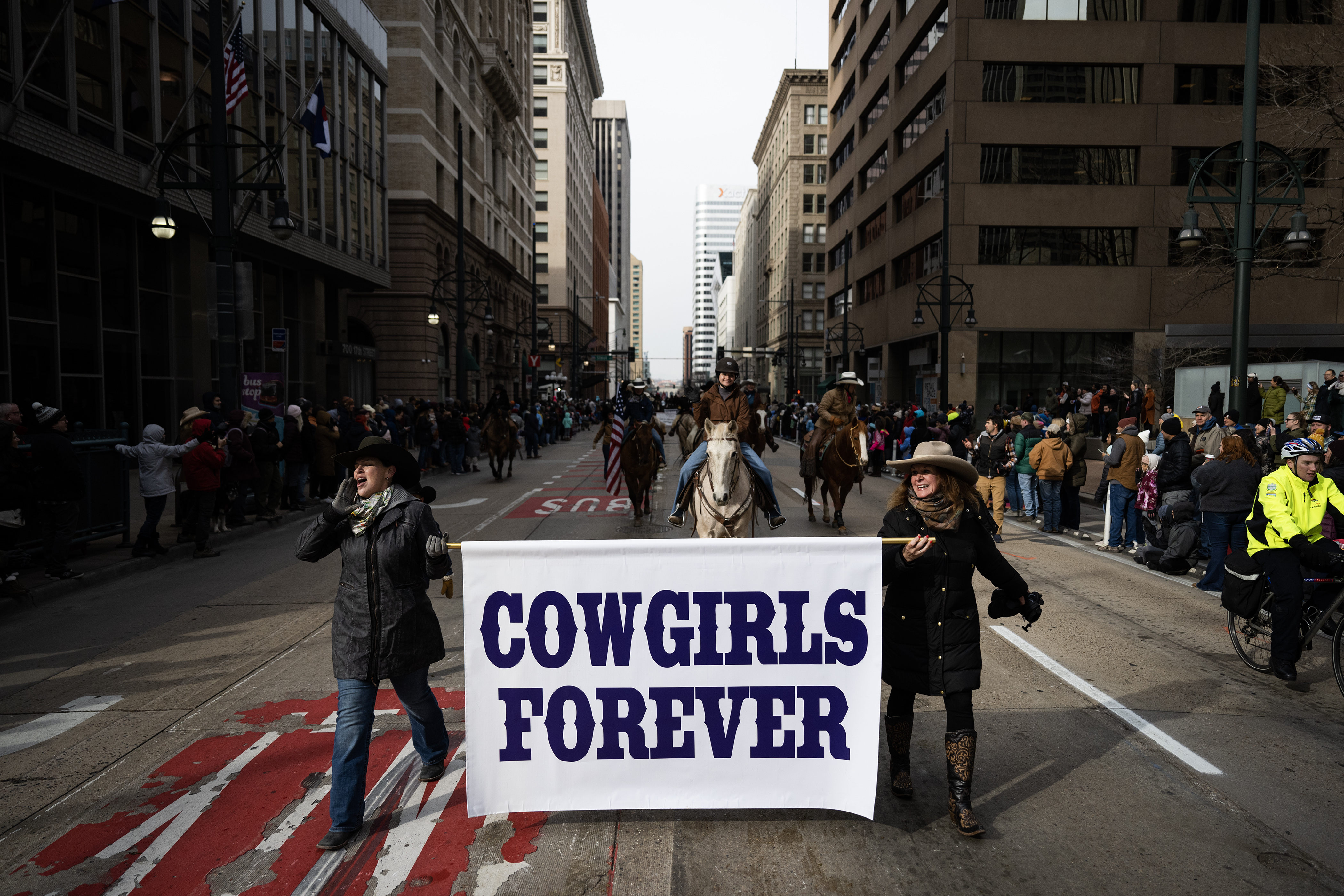Members of the group Cowgirls Forever make their way down 17th Street during The National Western Stock Show Kick-off Parade on Thursday, Jan. 4, 2024, in Denver, Colo. (Timothy Hurst/Denver Gazette) (TimHursttim.hurst@gazette.comhttps://secure.gravatar.com/avatar/aca82bd62b4ee425c598527cd6faa1b1?d=mm&r=g)