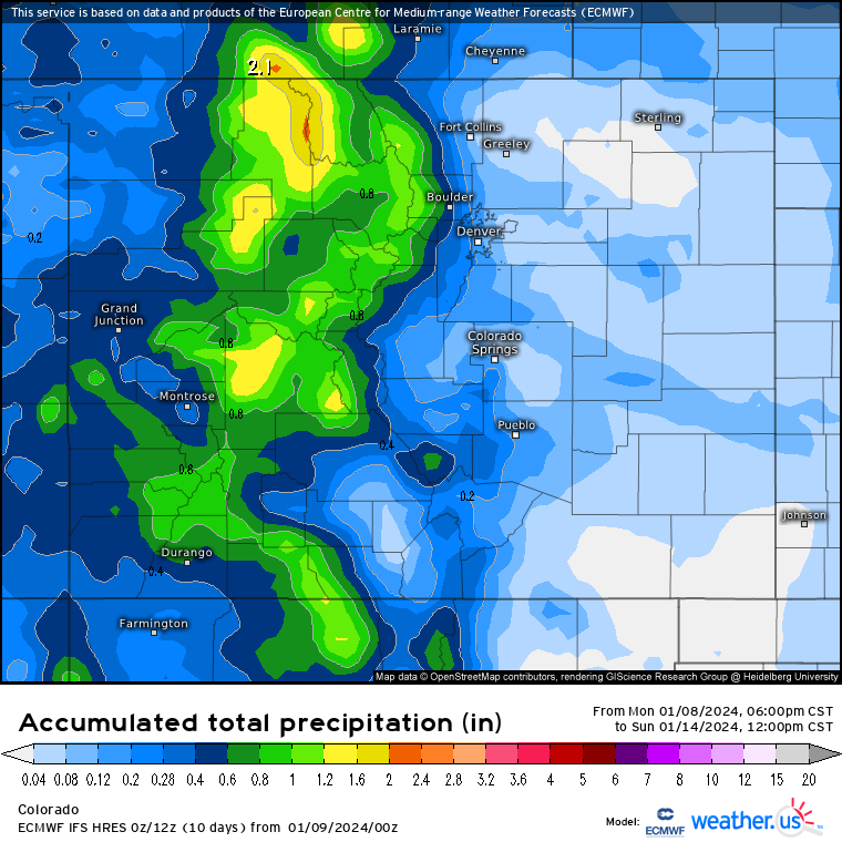 A Weather.us forecast model shows the potential accumulation levels of water-equivalent precipitation as of 11 a.m. Sunday, Jan. 14 for Colorado. Depending on the density of the snow, one inch of water is equivalent to 10 inches of snow based on a common rule of thumb ratio of 10:1. (Weather.us)