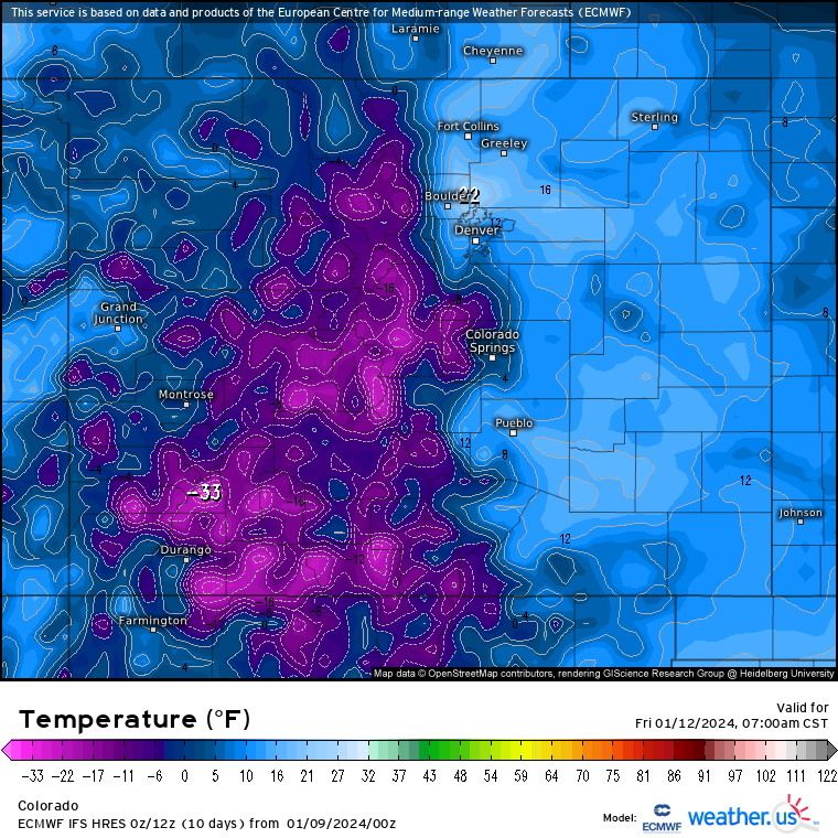 Colorado is forecast to see below zero low temperatures overnight Wednesday into Thursday as winter storm pushes across Colorado's high country Wednesday and Thursday. Lows are forecast to bottom out between 5 and -33 degrees in the mountains of Colorado. (Weather.us)
