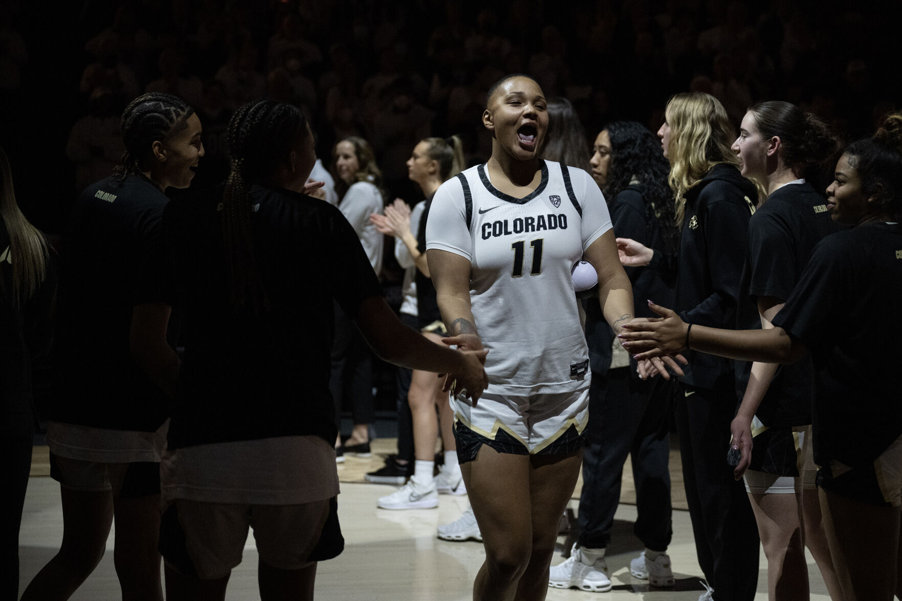 Colorado Buffaloes forward Quay Miller (11) is introduced before a game agains the UCLA Bruins on Friday, Jan. 19, 2024, at the CU Event Center in Boulder, Colo.(Timothy Hurst/Denver Gazette) (TimHursttim.hurst@gazette.comhttps://secure.gravatar.com/avatar/aca82bd62b4ee425c598527cd6faa1b1?d=mm&r=g)