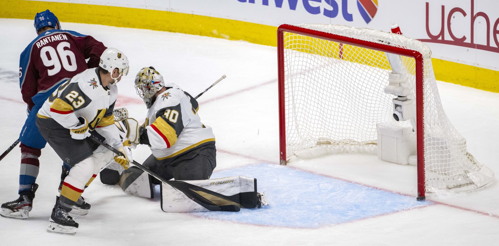 A Colorado Avalanche hits the post as Vegas Golden Knights goaltender Jiri Patera (30) defends during the second period Wednesday, Jan. 10, 2024, at Ball Arena in Denver. (The Gazette, Christian Murdock) (Christian Murdock/The Gazette)