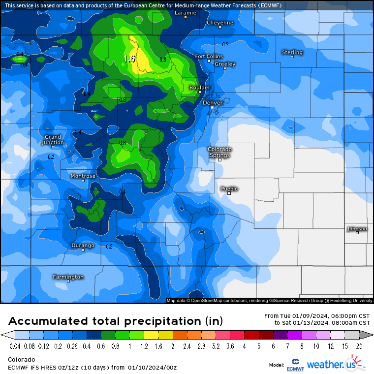 A Weather.us forecast model shows the potential accumulation levels of water-equivalent precipitation as of 8 a.m. Saturday, Jan. 13 for Colorado. Depending on the density of the snow, one inch of water is equivalent to 10 inches of snow based on a common rule of thumb ratio of 10:1. (Weather.us)