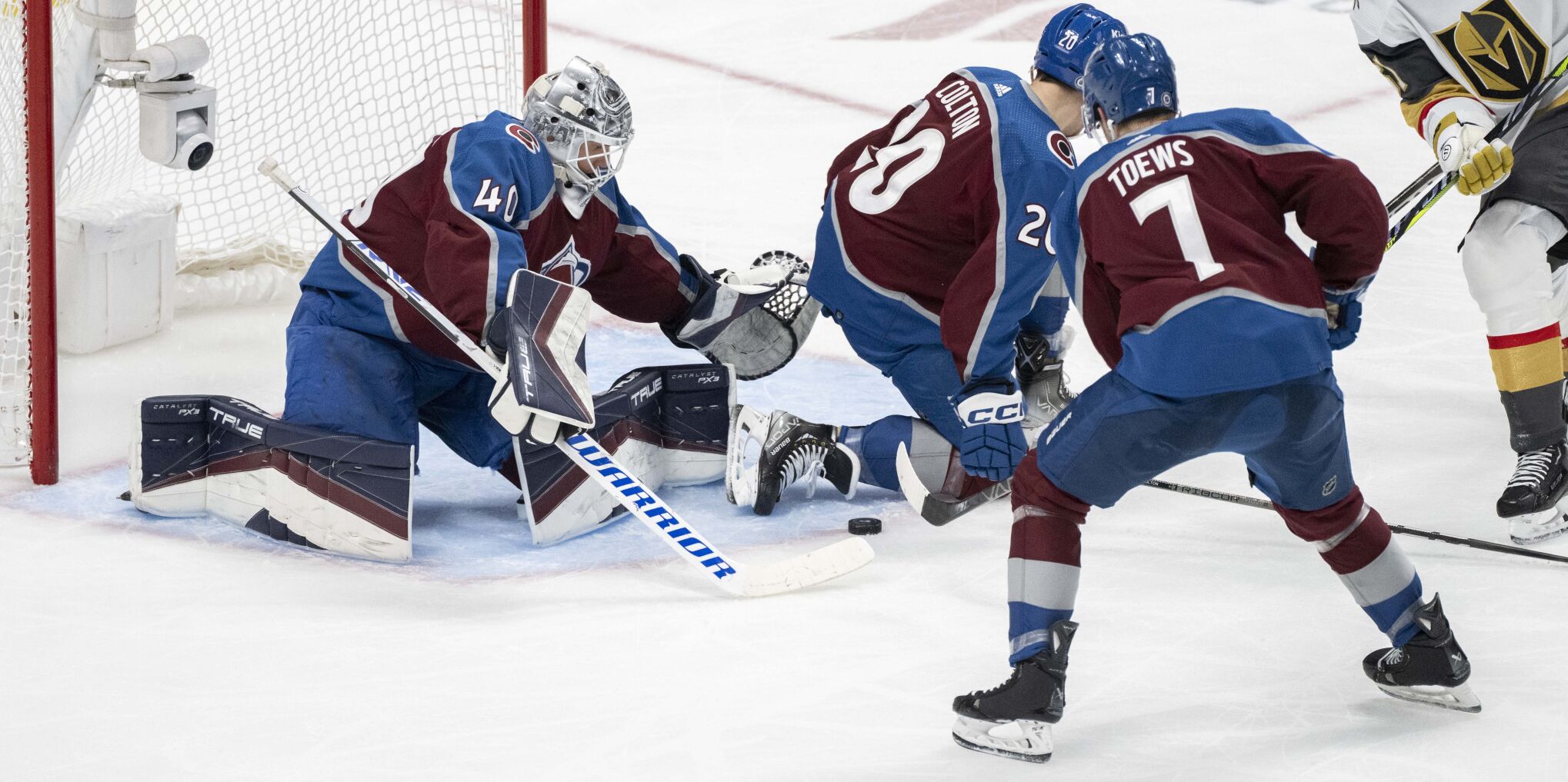 Colorado Avalanche goaltender Alexandar Georgiev (40) pounces on the puck after making a save against the Vegas Golden Knights during the second period Wednesday, Jan. 10, 2024, at Ball Arena in Denver. (The Gazette, Christian Murdock) (Christian Murdock/The Gazette)
