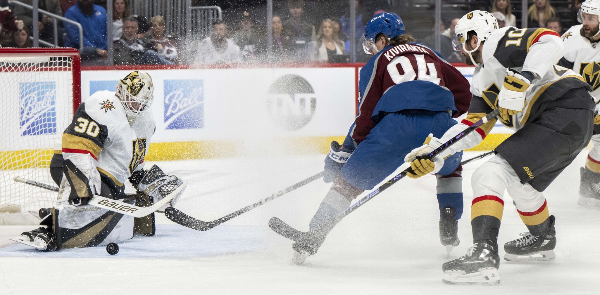 Colorado Avalanche left wing Joel Kiviranta (94) battles for a rebound as Vegas Golden Knights goaltender Jiri Patera (30) defends the goal during the first period Wednesday, Jan. 10, 2024, at Ball Arena in Denver. (The Gazette, Christian Murdock) (Christian Murdock/The Gazette)