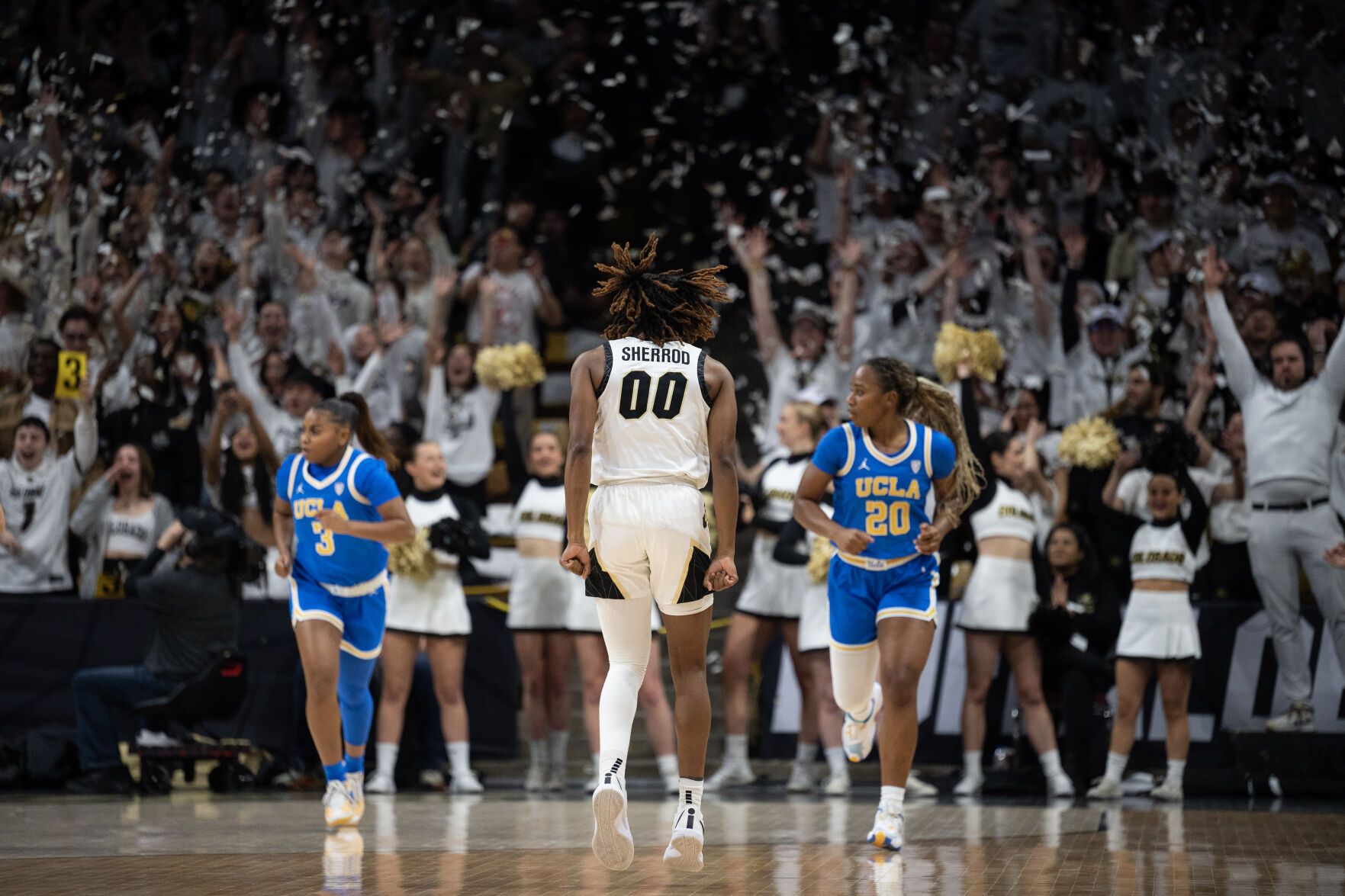 Colorado Buffaloes guard Jaylyn Sherrod (0) reacts after scoring agains the UCLA Bruins on Friday, Jan. 19, 2024, at the CU Event Center in Boulder, Colo.(Timothy Hurst/Denver Gazette) (TimHursttim.hurst@gazette.comhttps://secure.gravatar.com/avatar/aca82bd62b4ee425c598527cd6faa1b1?d=mm&r=g)