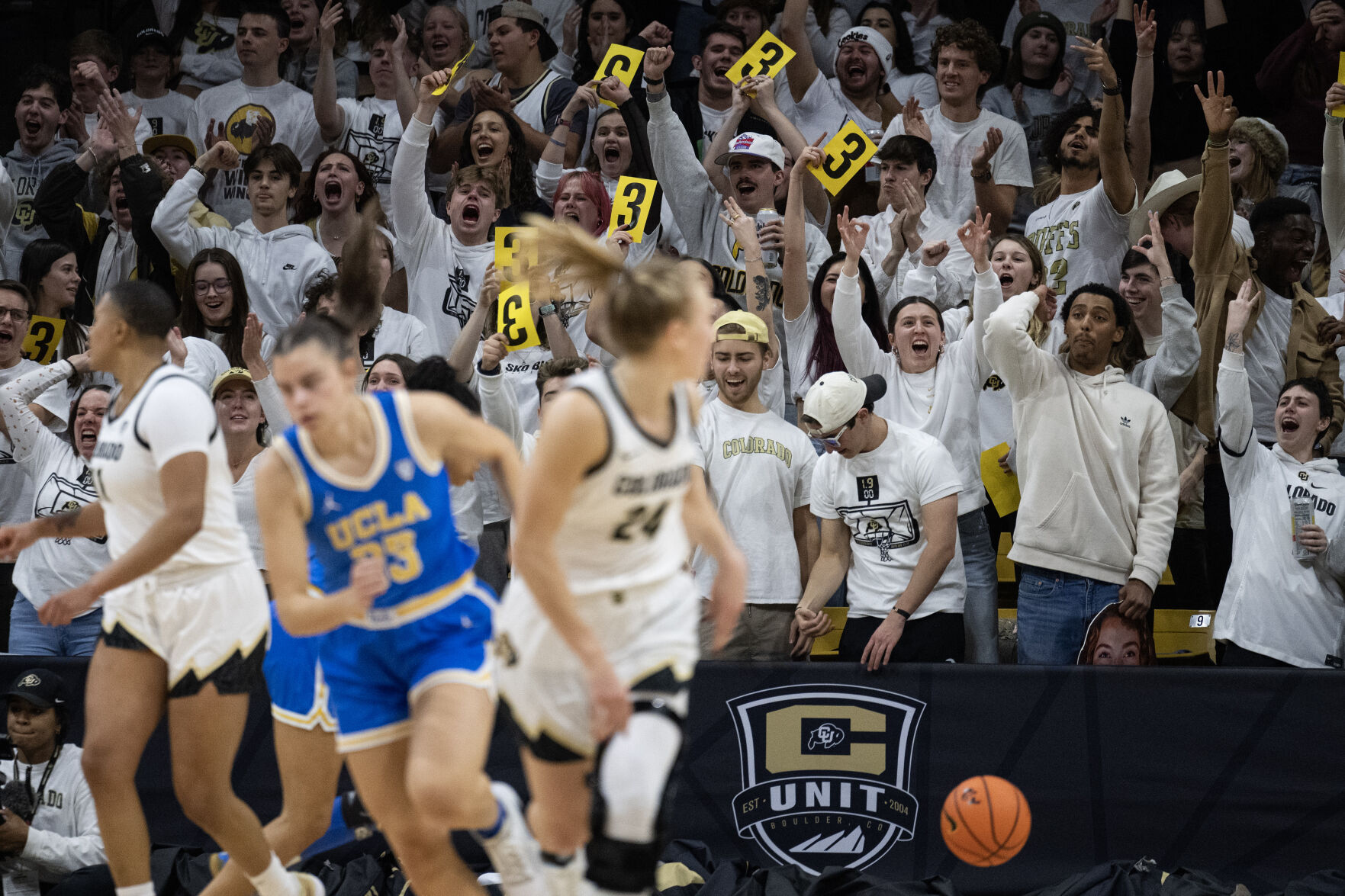 The University of Colorado student section reacts to a three-pointer against the UCLA Bruins on Friday, Jan. 19, 2024, at the CU Event Center in Boulder, Colo.(Timothy Hurst/Denver Gazette) (TimHursttim.hurst@gazette.comhttps://secure.gravatar.com/avatar/aca82bd62b4ee425c598527cd6faa1b1?d=mm&r=g)