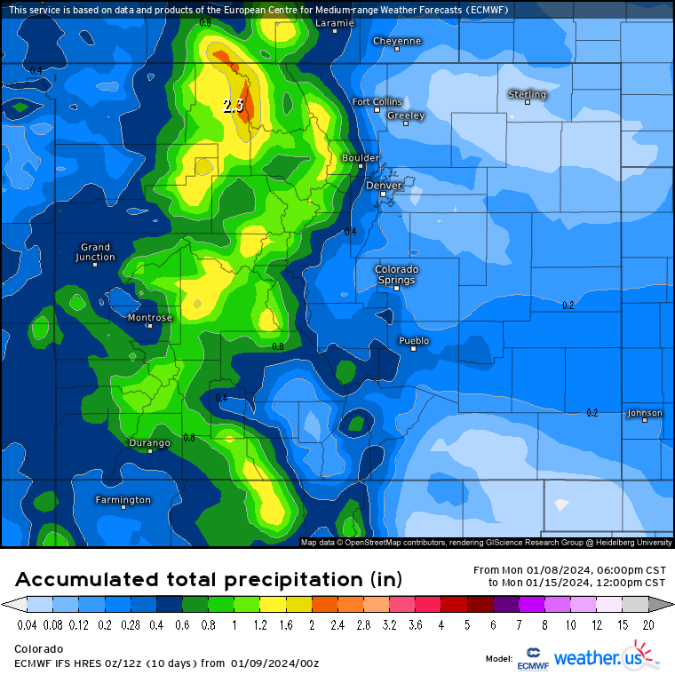 A Weather.us forecast model shows the potential accumulation levels of water-equivalent precipitation as of 11 a.m. Monday, Jan. 15 for Colorado. Depending on the density of the snow, one inch of water is equivalent to 10 inches of snow based on a common rule of thumb ratio of 10:1. (Weather.us)