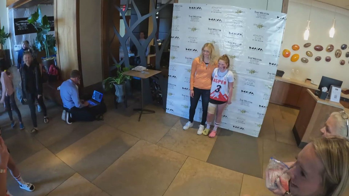 Mikaela Shiffrin poses with fans Tuesday, Sept. 26, 2023 at the Westin Riverfront Resort and Spa in Avon, Colorado. (Credit, 9News)