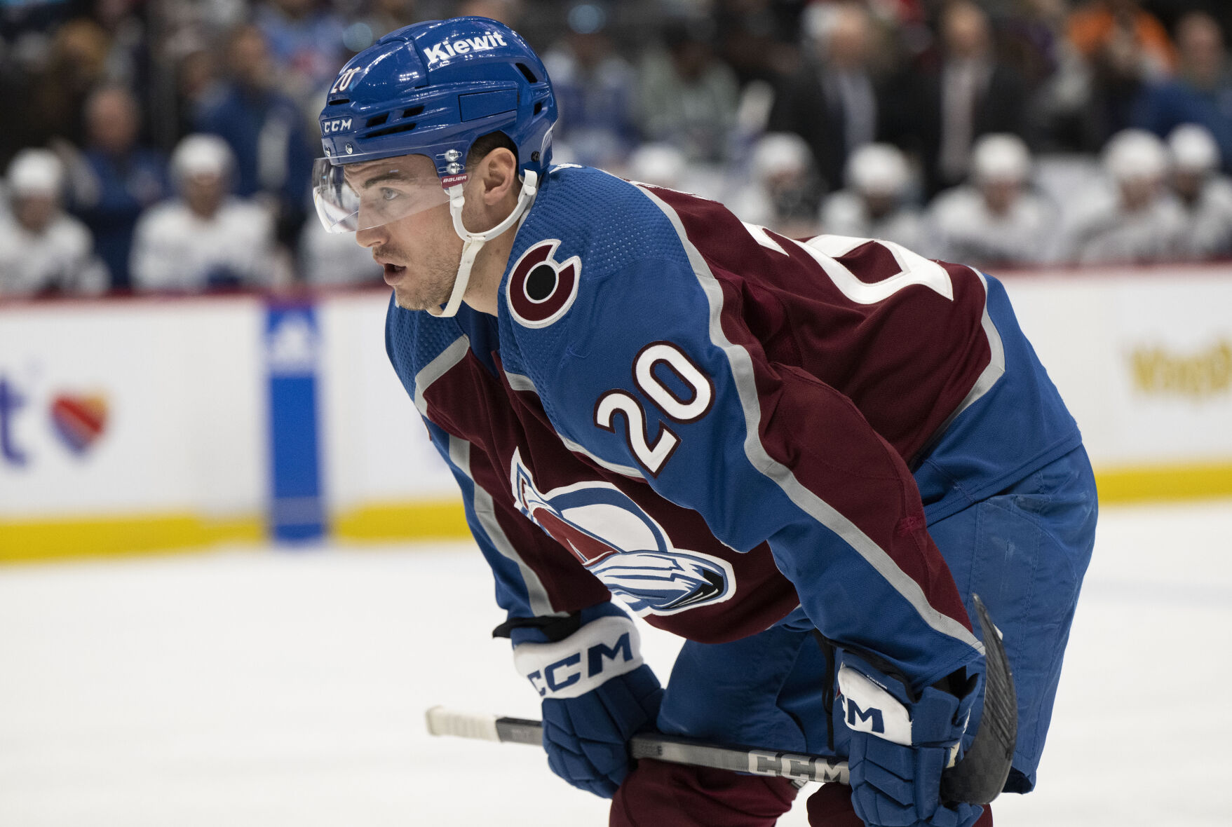 Colorado Avalanche center Ross Colton (20) prepares for a faceoff during the first period against the Vancouver Canucks Tuesday, Feb. 20, 2024, at Ball Arena in Denver. (The Gazette, Christian Murdock) (Christian Murdock/The Gazette)