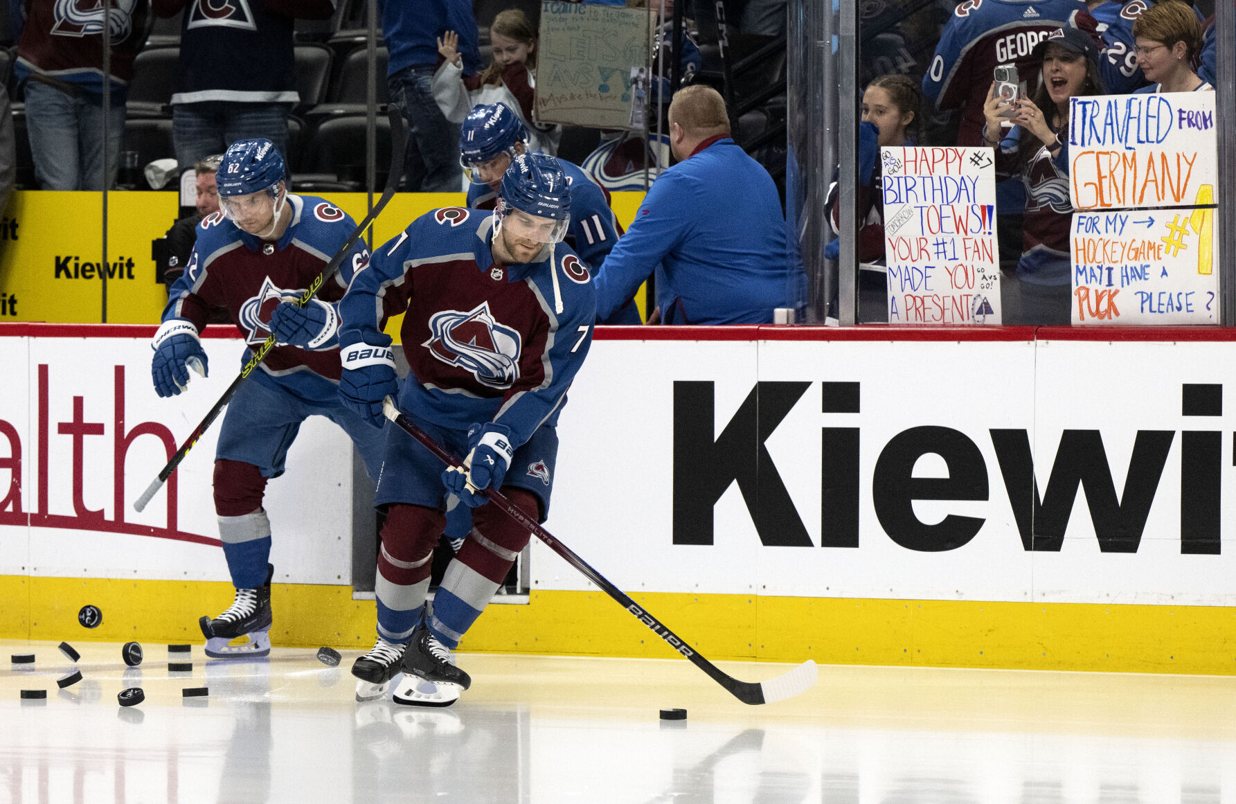 Colorado Avalanche defenseman Devon Toews (7) and left wing Artturi Lehkonen (62) skate onto the ice for warmups before thieir game against the Vancouver Canucks Tuesday, Feb. 20, 2024, at Ball Arena in Denver. (The Gazette, Christian Murdock) (Christian Murdock/The Gazette)
