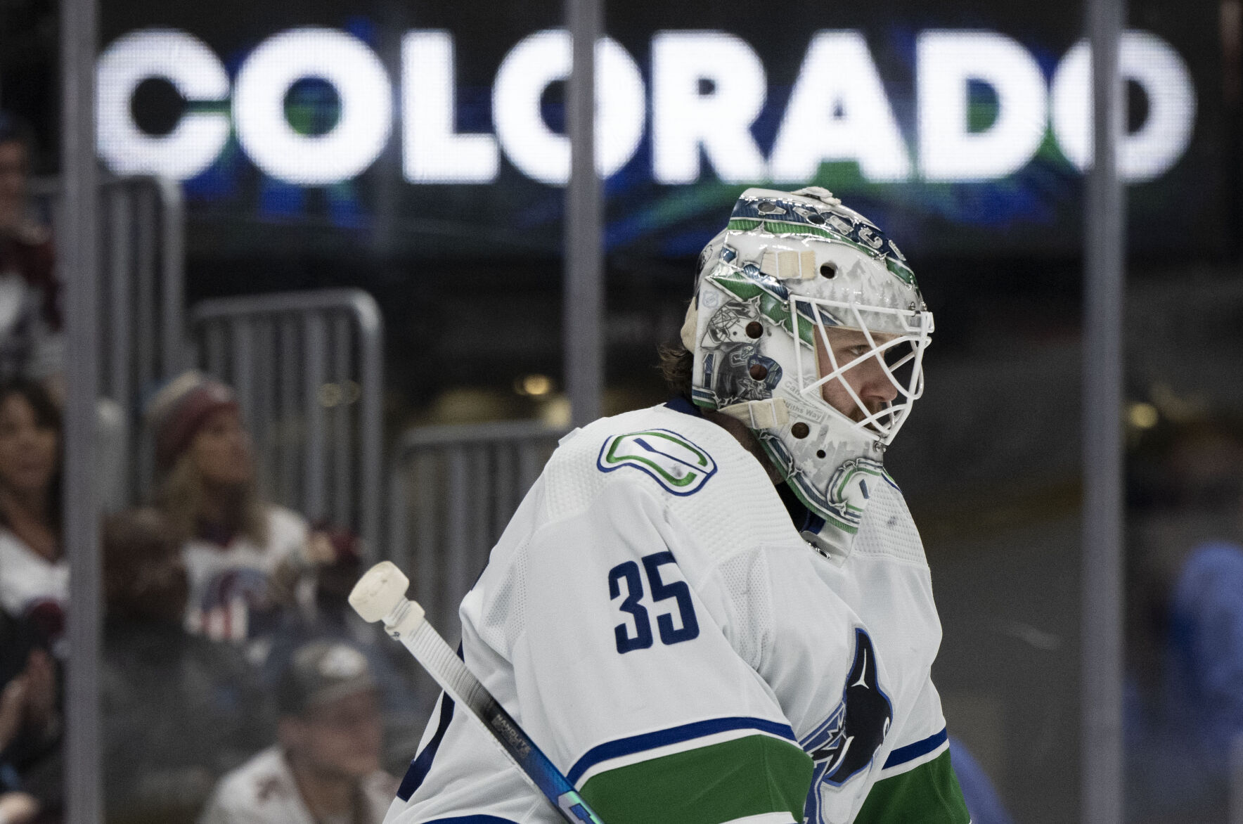 Vancouver Canucks goaltender Thatcher Demko (35) guards his goal during the first period against the Colorado Avalanche Tuesday, Feb. 20, 2024, at Ball Arena in Denver. (The Gazette, Christian Murdock) (Christian Murdock/The Gazette)