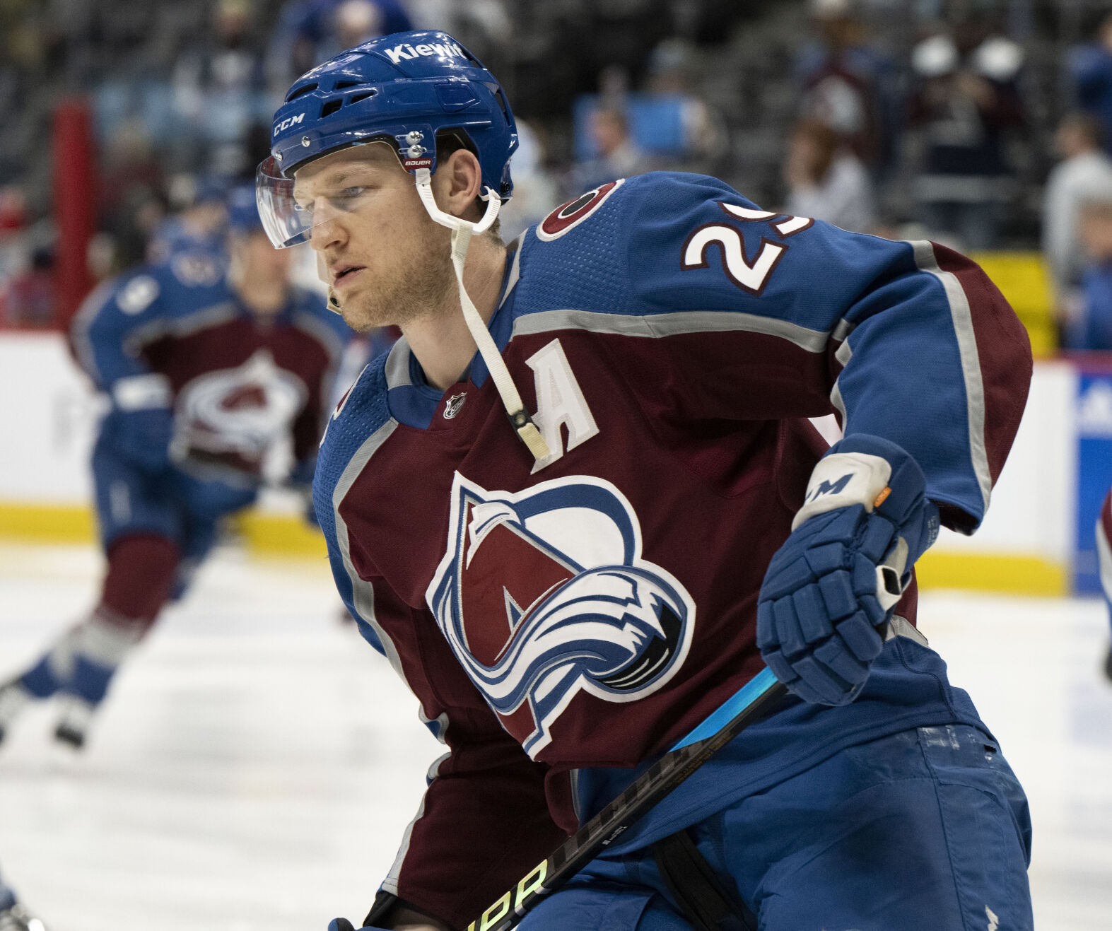 Colorado Avalanche center Nathan MacKinnon (29) skates during warm ups before the Avs game against the Vancouver Canucks Tuesday, Feb. 20, 2024, at Ball Arena in Denver. (The Gazette, Christian Murdock) (Christian Murdock/The Gazette)