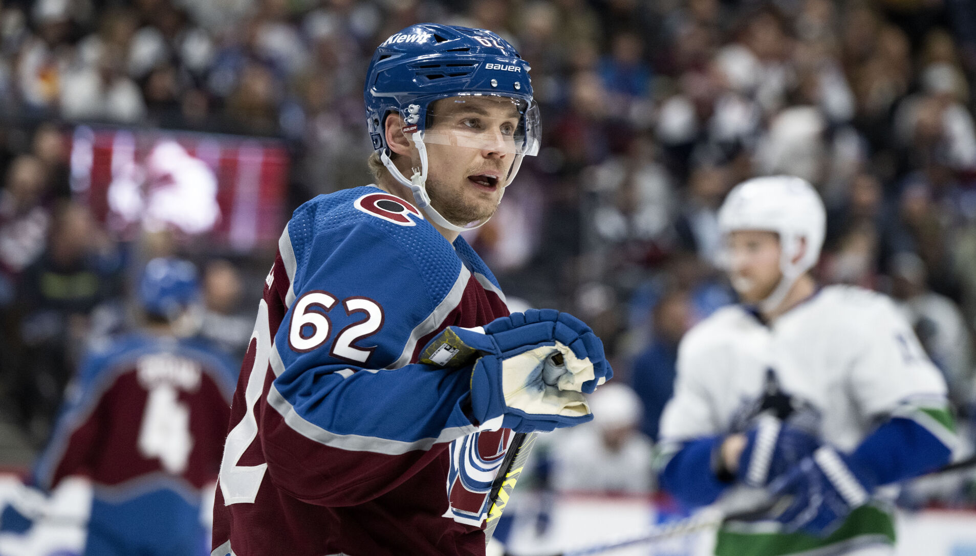 Colorado Avalanche left wing Artturi Lehkonen (62) skates during a timeout in the third period against the Vancouver Canucks Tuesday, Feb. 20, 2024, at Ball Arena in Denver. The Avalanche won 3-1. (The Gazette, Christian Murdock) (Christian Murdock/The Gazette)