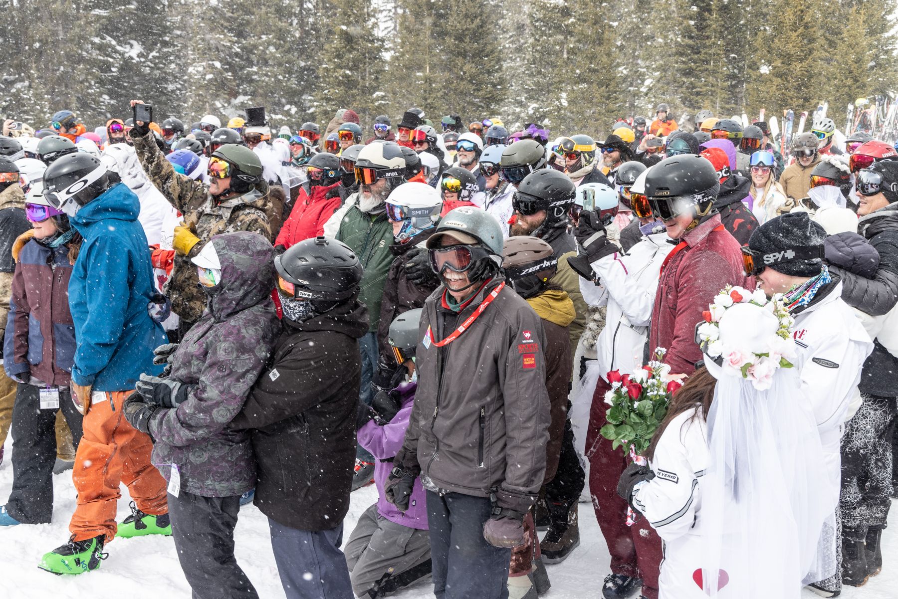 In a mass wedding ceremony at more than 11,000 feet, 115 couples were married or renewed their vows at Loveland Ski Area Wednesday. it was the 33rd Annual for the Mountaintop Matrimony. (Courtesy photo, Casey Day/Loveland Ski Area)