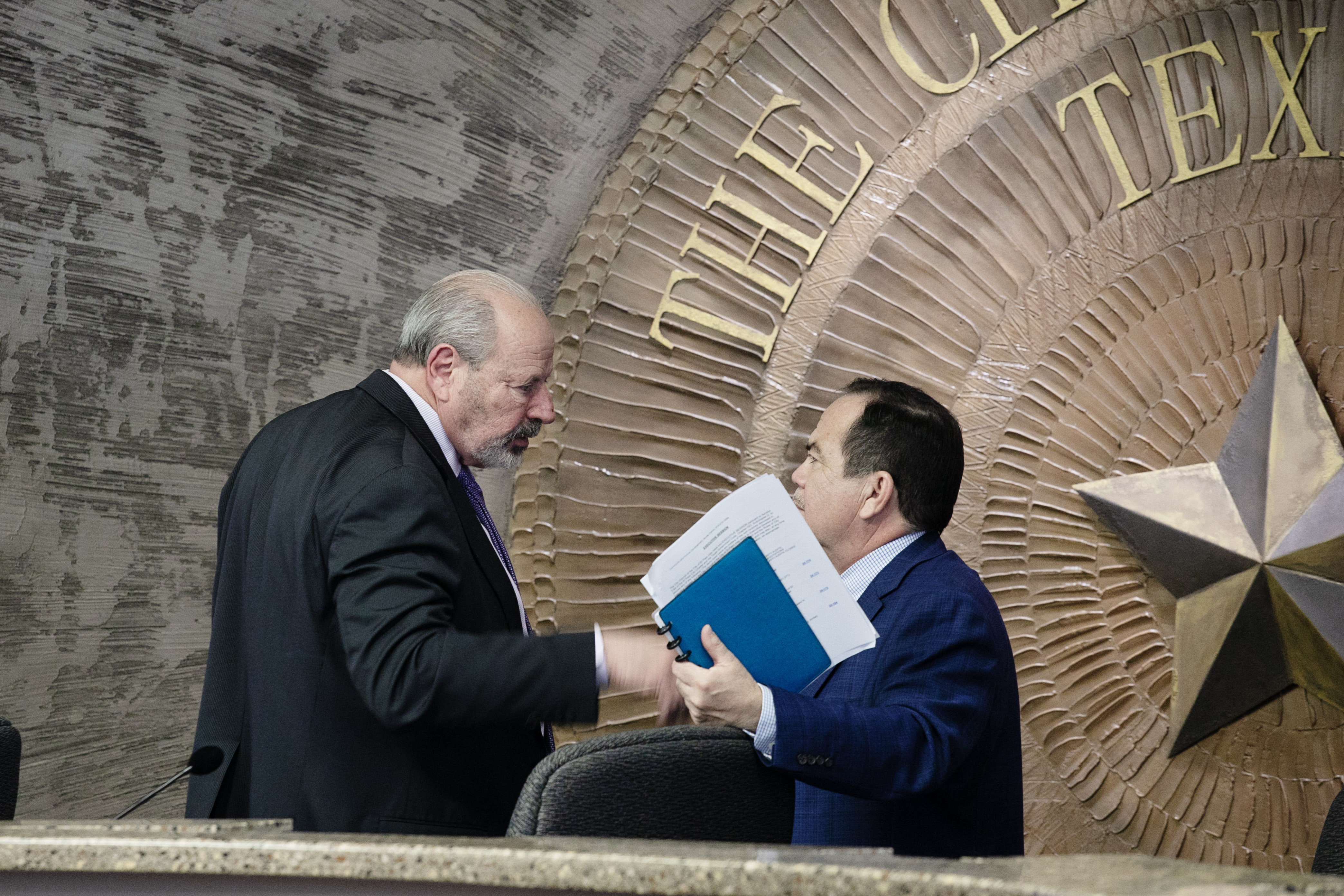 El Paso, Texas Mayor, Oscar Leeser, left, talks to city councilmember Art Fierro following the conclusion of the public comment portion of the city council meeting on Tuesday, Jan. 30, 2024. (TomHellauerMultimedia Producertom.hellauer@denvergazette.comhttps://denvergazette.com/content/tncms/avatars/f/9e/622/f9e6228a-3b6b-11ed-bf10-fbb71fa8e421.f54b911252c540f1d61709edc4727a39.png)