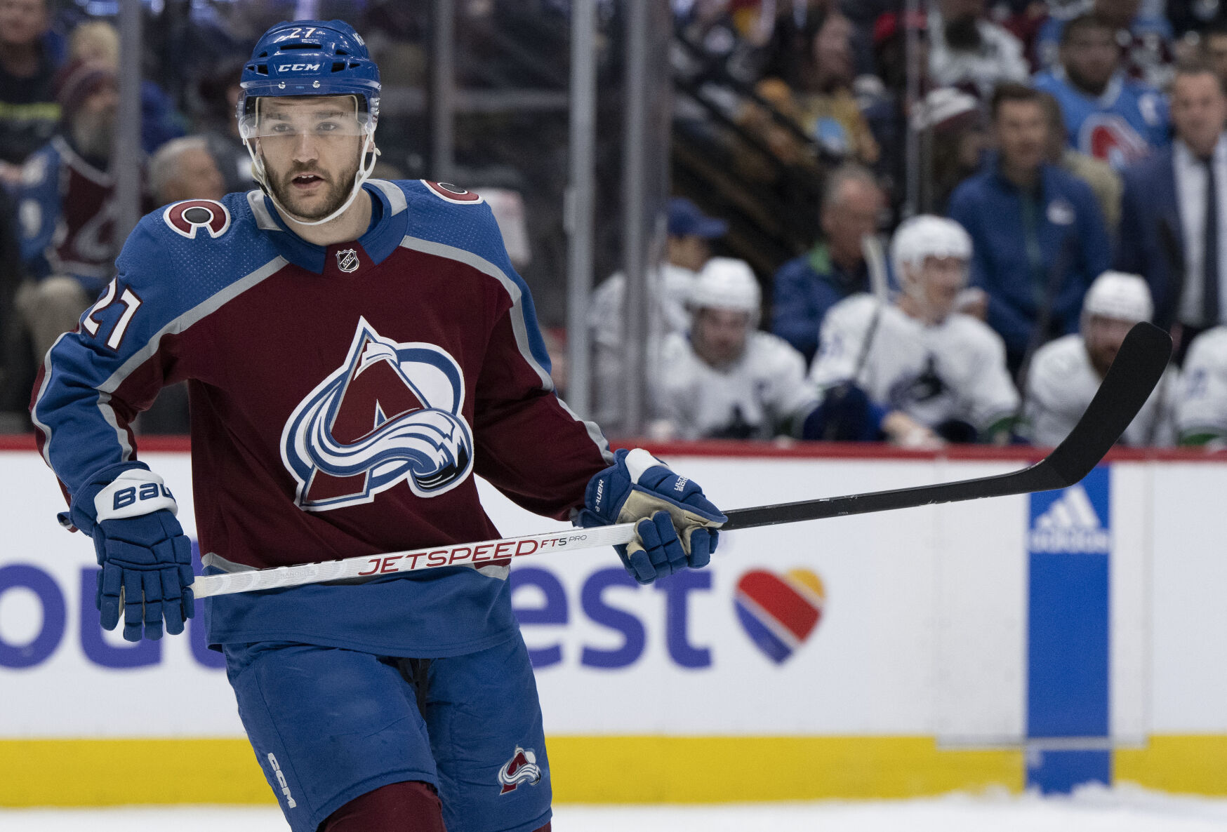 Colorado Avalanche left wing Jonathan Drouin (27) skates during the first period against the Vancouver Canucks Tuesday, Feb. 20, 2024, at Ball Arena in Denver. (The Gazette, Christian Murdock) (Christian Murdock/The Gazette)