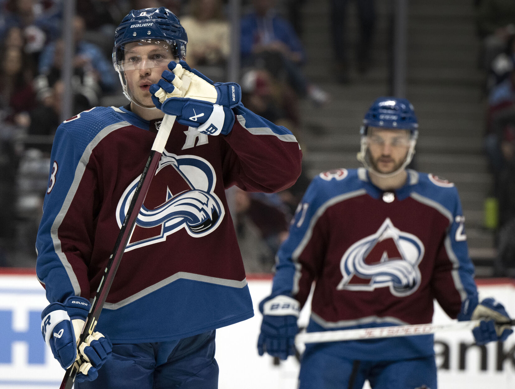 Colorado Avalanche defenseman Cale Makar (8) prepares for a faceoff during the first period against the Vancouver Canucks Tuesday, Feb. 20, 2024, at Ball Arena in Denver. (The Gazette, Christian Murdock) (Christian Murdock/The Gazette)