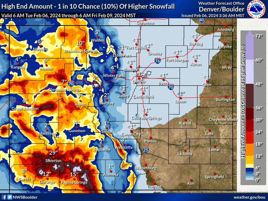 The 'high-end' snowfall scenario through Friday morning, which has a one-in-10 chance of taking place. Map Credit: National Weather Service.