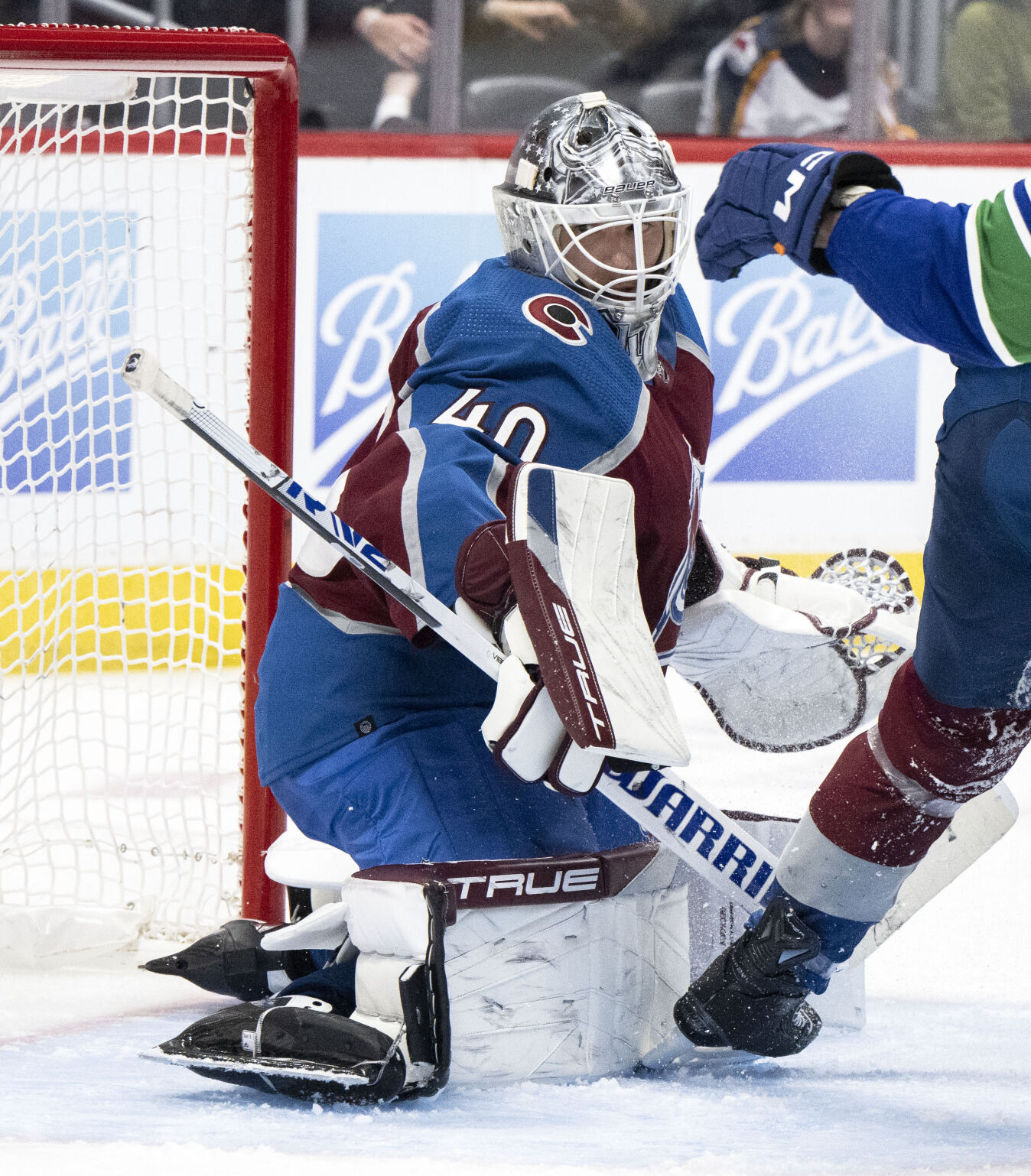 Colorado Avalanche goaltender Alexandar Georgiev (40) defends the goal during the second period against the Vancouver Canucks Tuesday, Feb. 20, 2024, at Ball Arena in Denver. (The Gazette, Christian Murdock) (Christian Murdock/The Gazette)