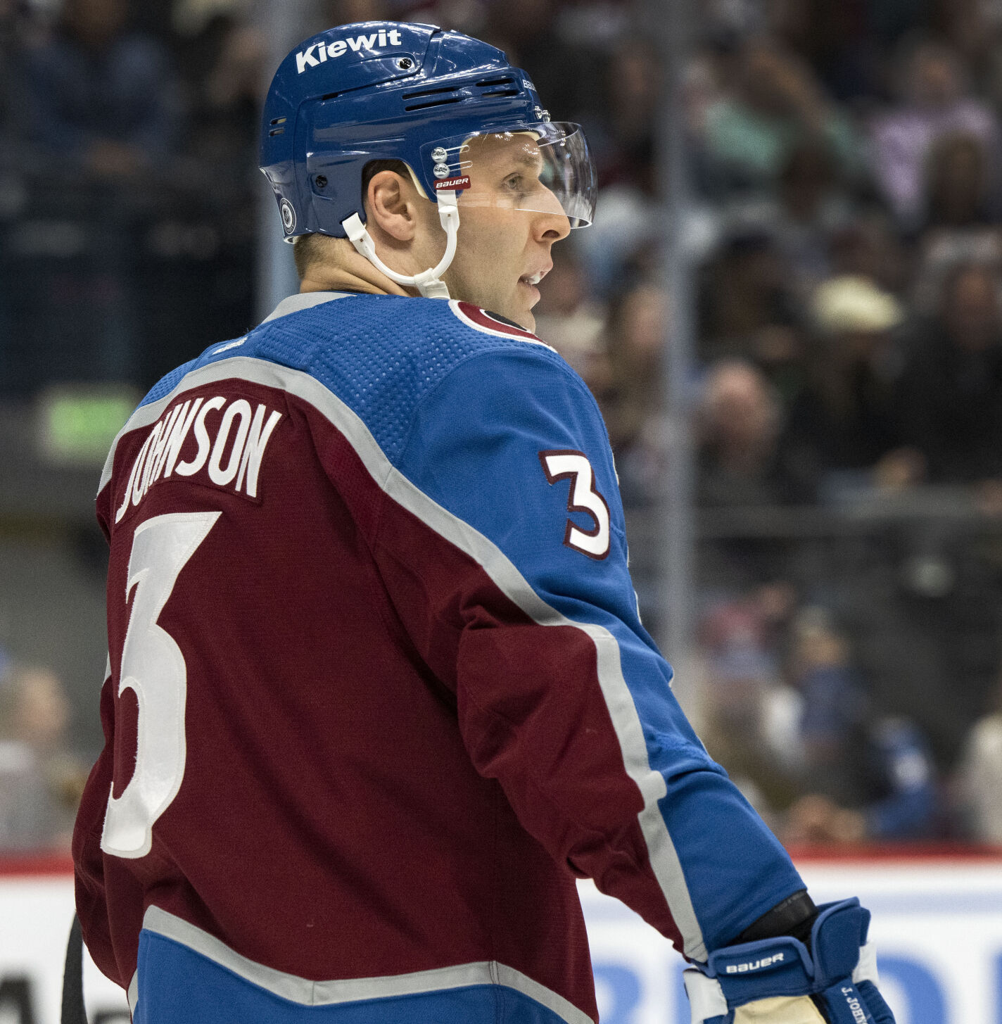 Colorado Avalanche defenseman Jack Johnson (3) prepares for a faceoff during the second period against the Vancouver Canucks Tuesday, Feb. 20, 2024, at Ball Arena in Denver. (The Gazette, Christian Murdock) (Christian Murdock/The Gazette)