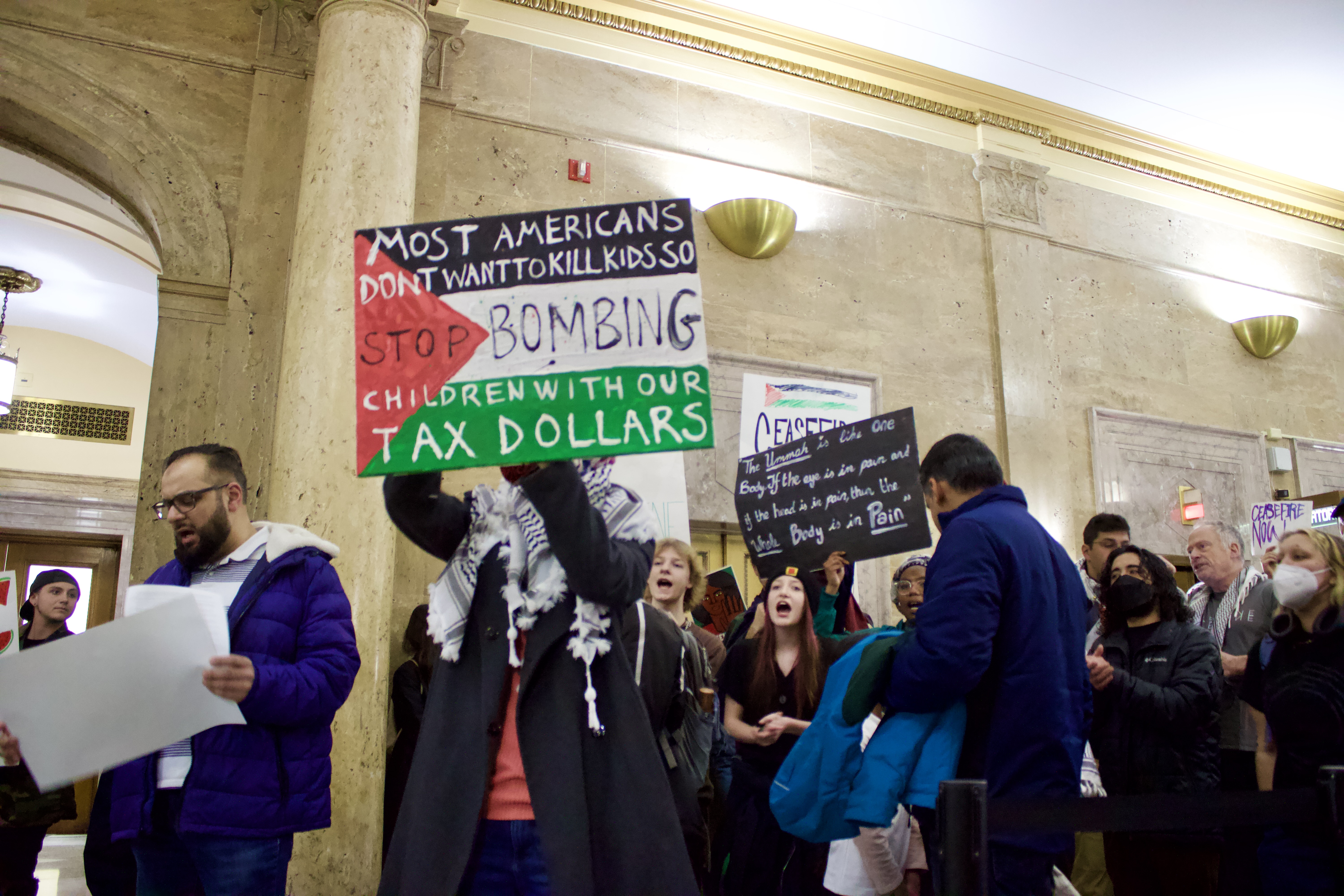 Pro-Palestinian demonstrators gather in the hallways of the Denver City Council chambers on Monday, Feb. 12 after the council recessed its discussion for a proclamation calling for a cease-fire in the Israel-Hamas war. (NoahFestensteinCity Government Reporternoah.festenstein@denvergazette.comhttps://denvergazette.com/content/tncms/avatars/9/f0/326/9f032698-379f-11ee-8053-8bacbed4931f.60984dba383441d9647e0e740a08a8e6.png)