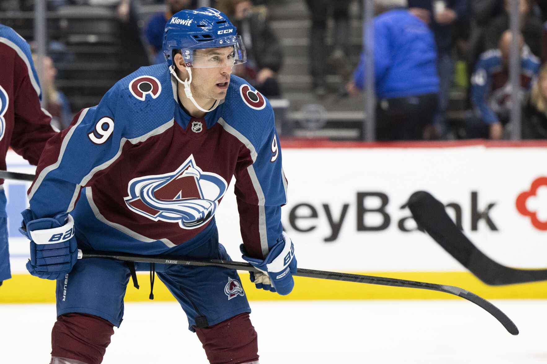 Colorado Avalanche left wing Zach Parise (9) prepares for a faceoff during the second period against the Vancouver Canucks Tuesday, Feb. 20, 2024, at Ball Arena in Denver. (The Gazette, Christian Murdock) (Christian Murdock/The Gazette)