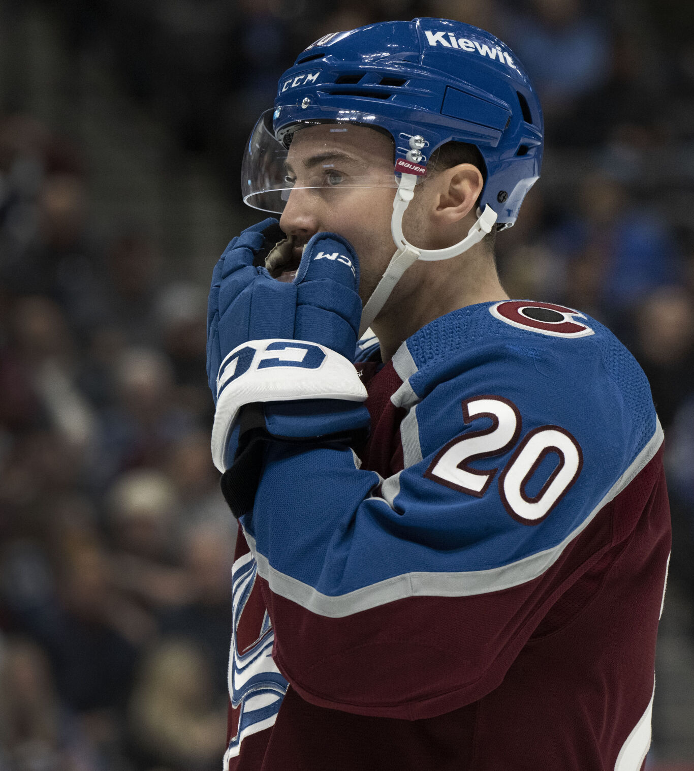 Colorado Avalanche center Ross Colton (20) prepares for a faceoff during the first period against the Vancouver Canucks Tuesday, Feb. 20, 2024, at Ball Arena in Denver. (The Gazette, Christian Murdock) (Christian Murdock/The Gazette)