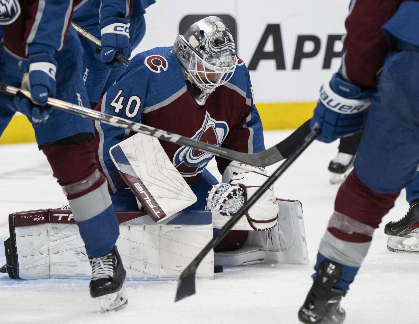 Colorado Avalanche goaltender Alexandar Georgiev (40) makes a save without his stick against the Vancouver Canucks during the second period Tuesday, Feb. 20, 2024, at Ball Arena in Denver. (The Gazette, Christian Murdock) (Christian Murdock/The Gazette)
