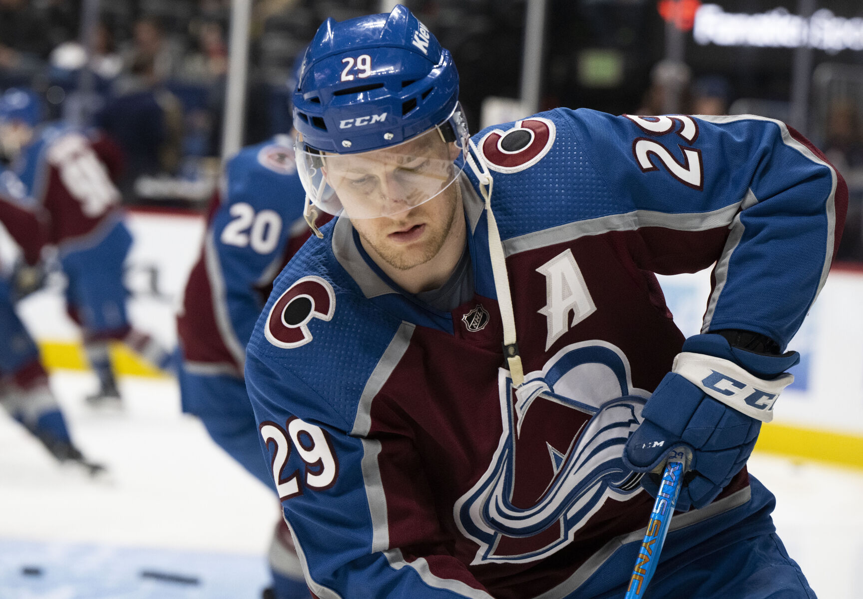 Colorado Avalanche center Nathan MacKinnon (29) skates during warm ups before the Avs game against the Vancouver Canucks Tuesday, Feb. 20, 2024, at Ball Arena in Denver. (The Gazette, Christian Murdock) (Christian Murdock/The Gazette)