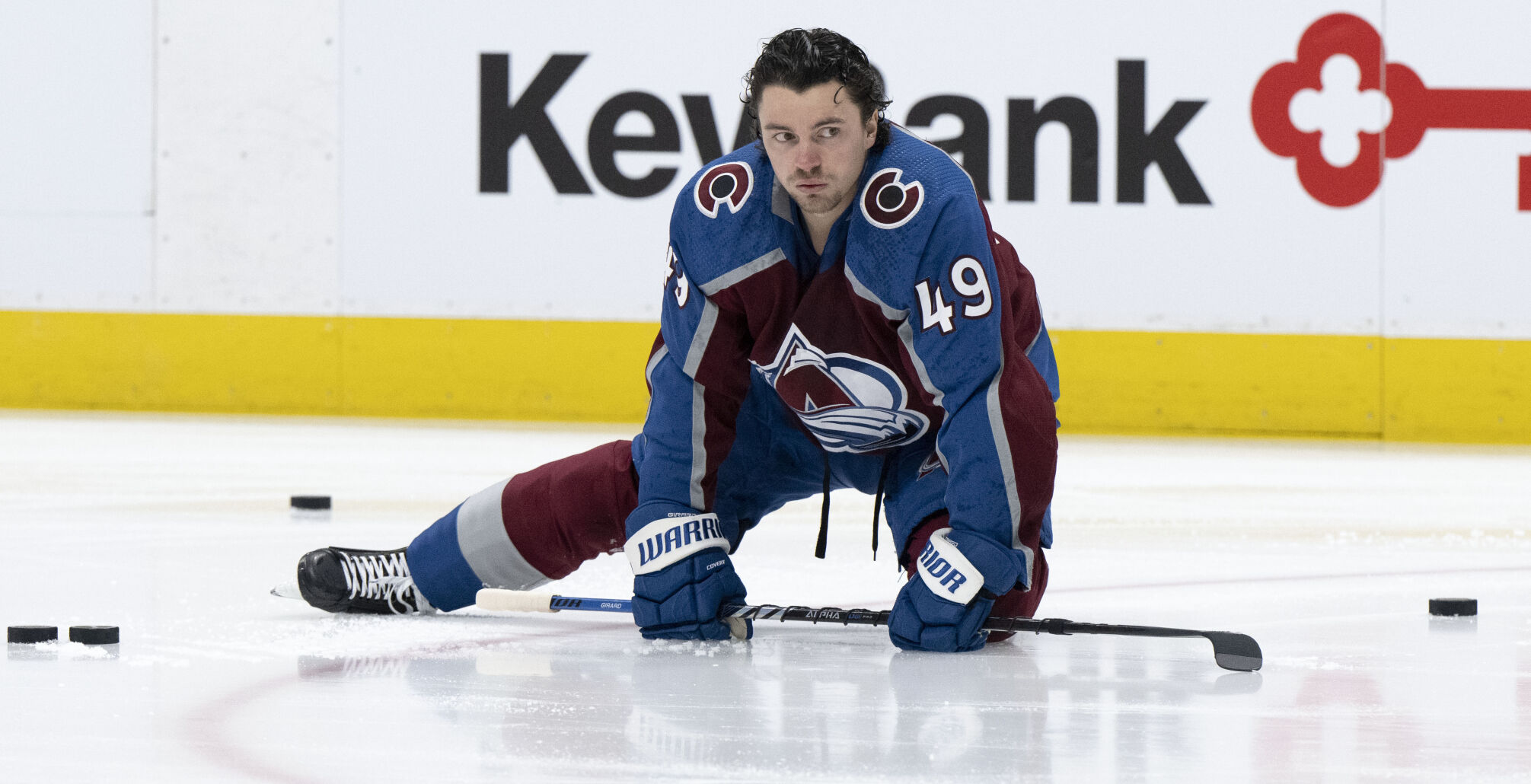 Colorado Avalanche defenseman Samuel Girard (49) stretches during warm ups before the Avs game against the Vancouver Canucks Tuesday, Feb. 20, 2024, at Ball Arena in Denver. (The Gazette, Christian Murdock) (Christian Murdock/The Gazette)
