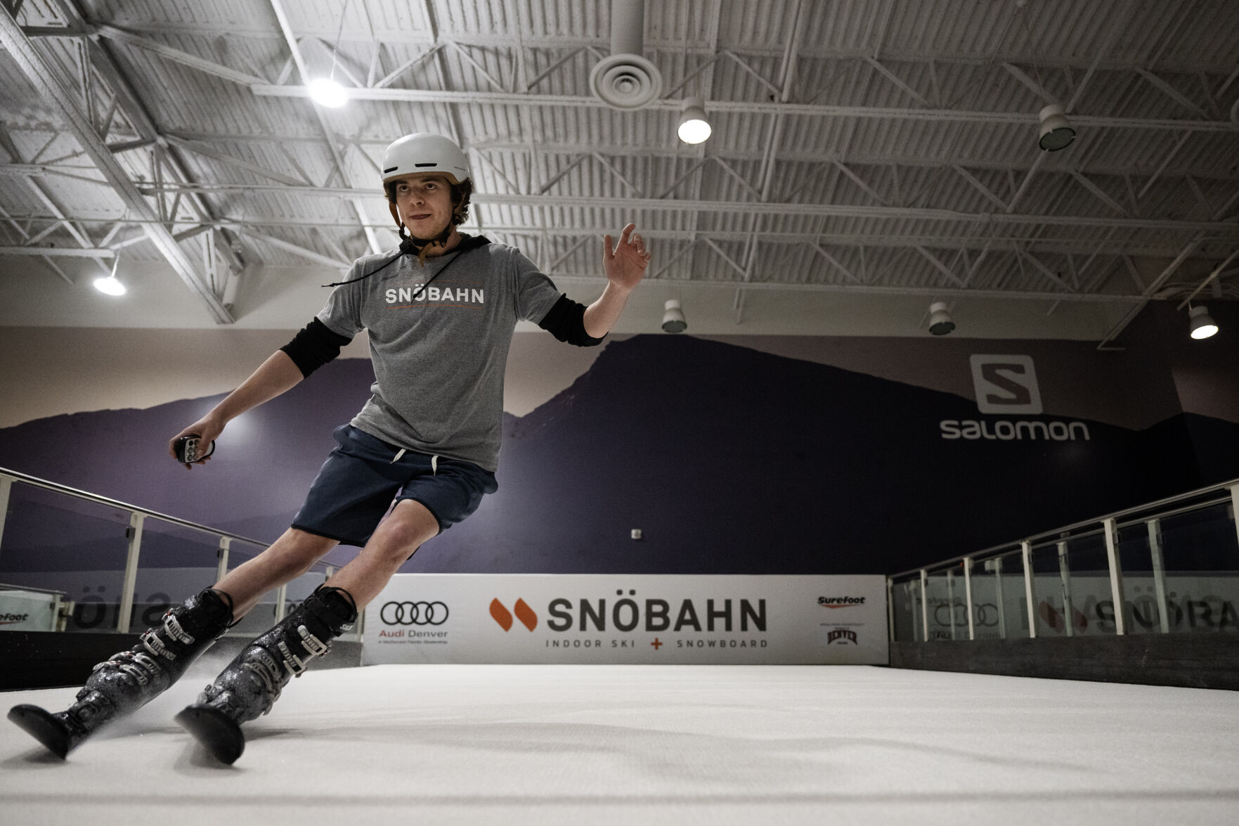 Manager Ben Campanella carves down the surface of the revolving carpet after a training appointment fell through on Wednesday, Jan. 24, 2024, at SNÖBAHN Indoor Ski + Snowboard Center in Centennial. (TimHursttim.hurst@gazette.comhttps://secure.gravatar.com/avatar/aca82bd62b4ee425c598527cd6faa1b1?d=mm&r=g)