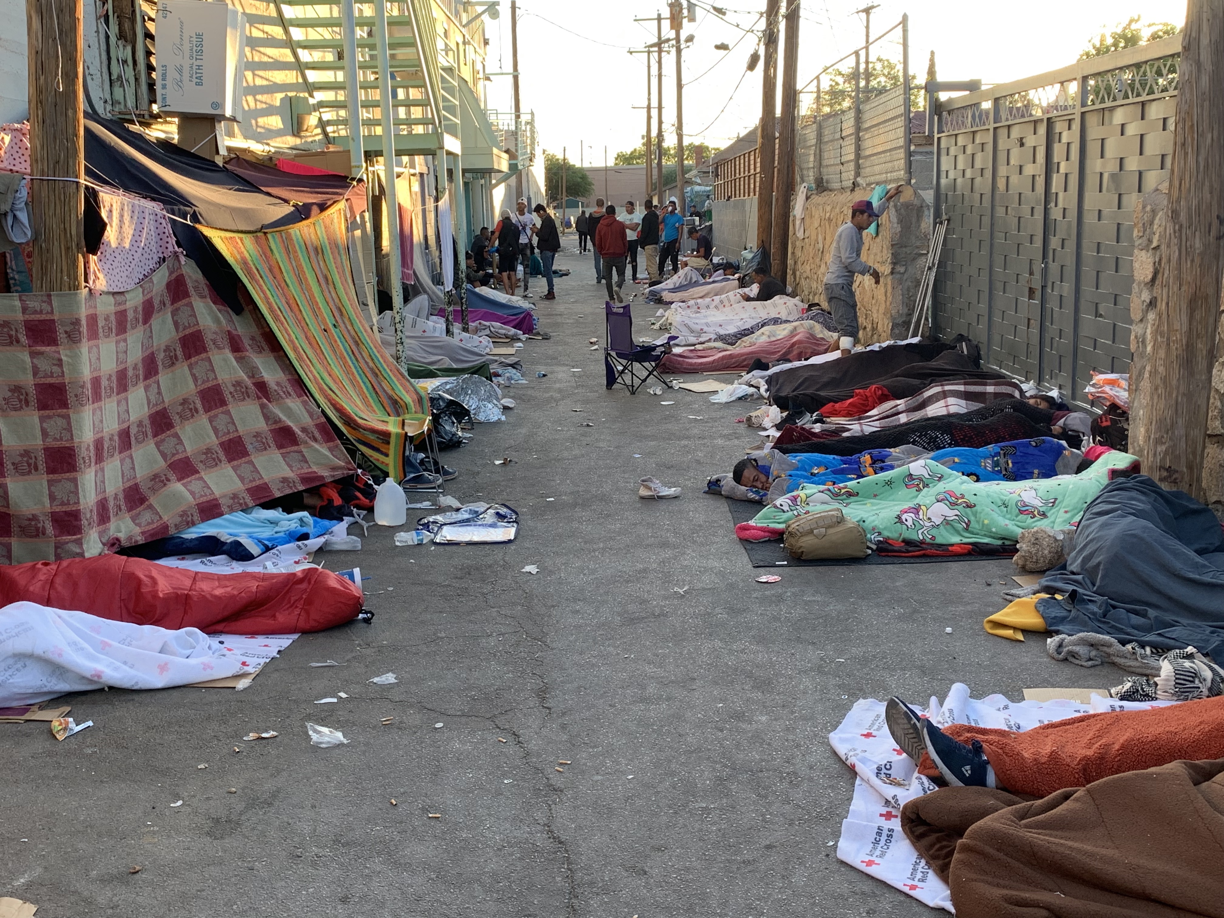 Dubbed “Little Venezuela,” newly arriving immigrants set up “lean-to” tents in the alley behind the men’s shelter at The Opportunity Center for the Homeless at 1208 Myrtle Avenue in El Paso, Texas in this May 9, 2023 photo. (Courtesy photo, John Martin)