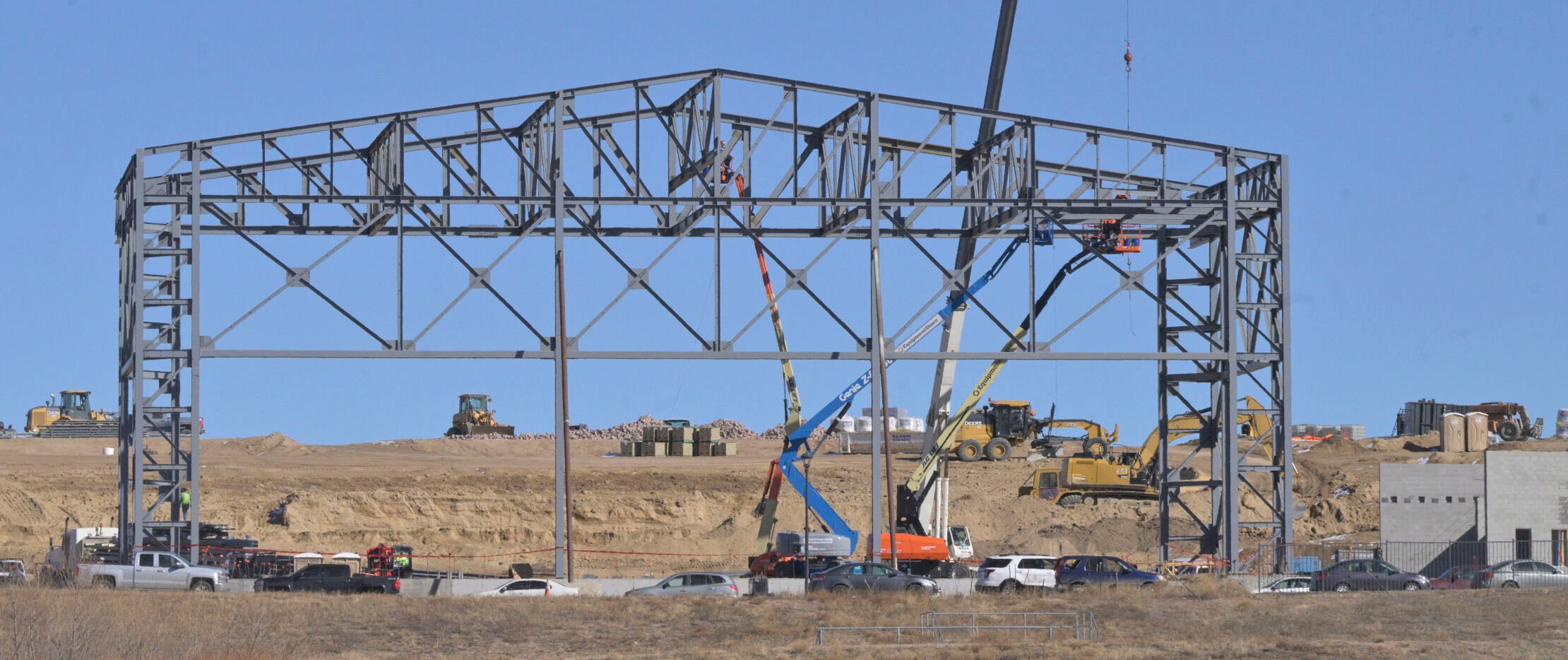 Construction on the massive stage for the Sunset Amphitheater is progressing quickly south of Gleneagle on Jan. 30. (Jerilee Bennett, The Tribune)