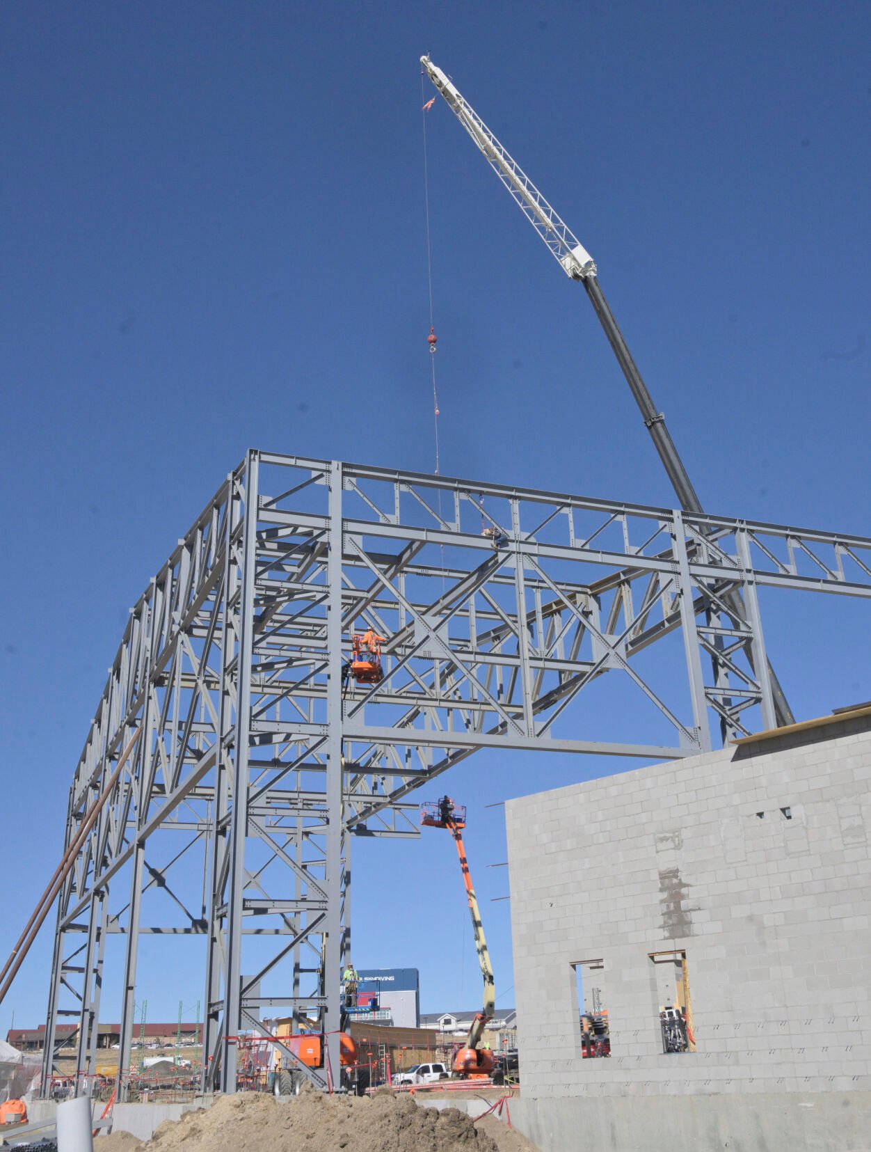Construction on the massive stage for the Sunset Amphitheater is progressing quickly in northeastern Colorado Springs on Tuesday, Jan. 30, 2024. (Photo by Jerilee Bennett, The Gazette)